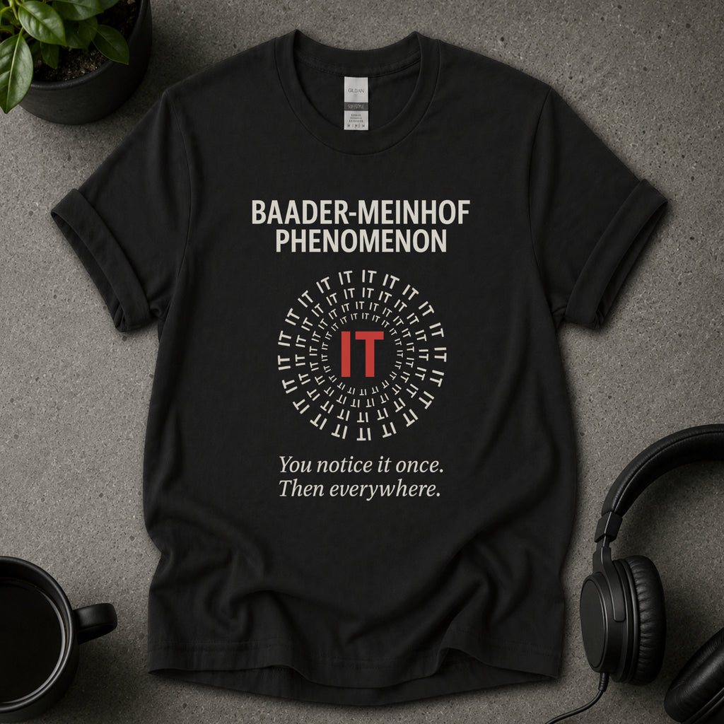Black t-shirt with 'Baader-Meinhof Phenomenon' text on a gray surface with headphones and a mug.