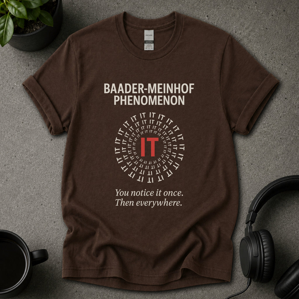 Brown t-shirt with 'Baader-Meinhof Phenomenon' text on a gray surface with headphones and a mug.
