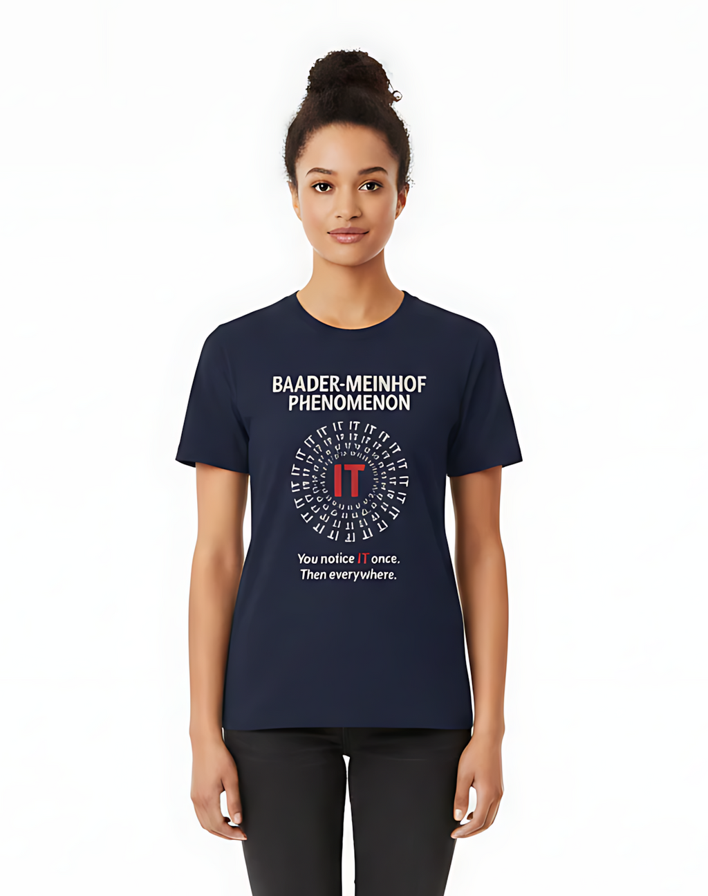 Person wearing a navy blue t-shirt with text and design on a white background