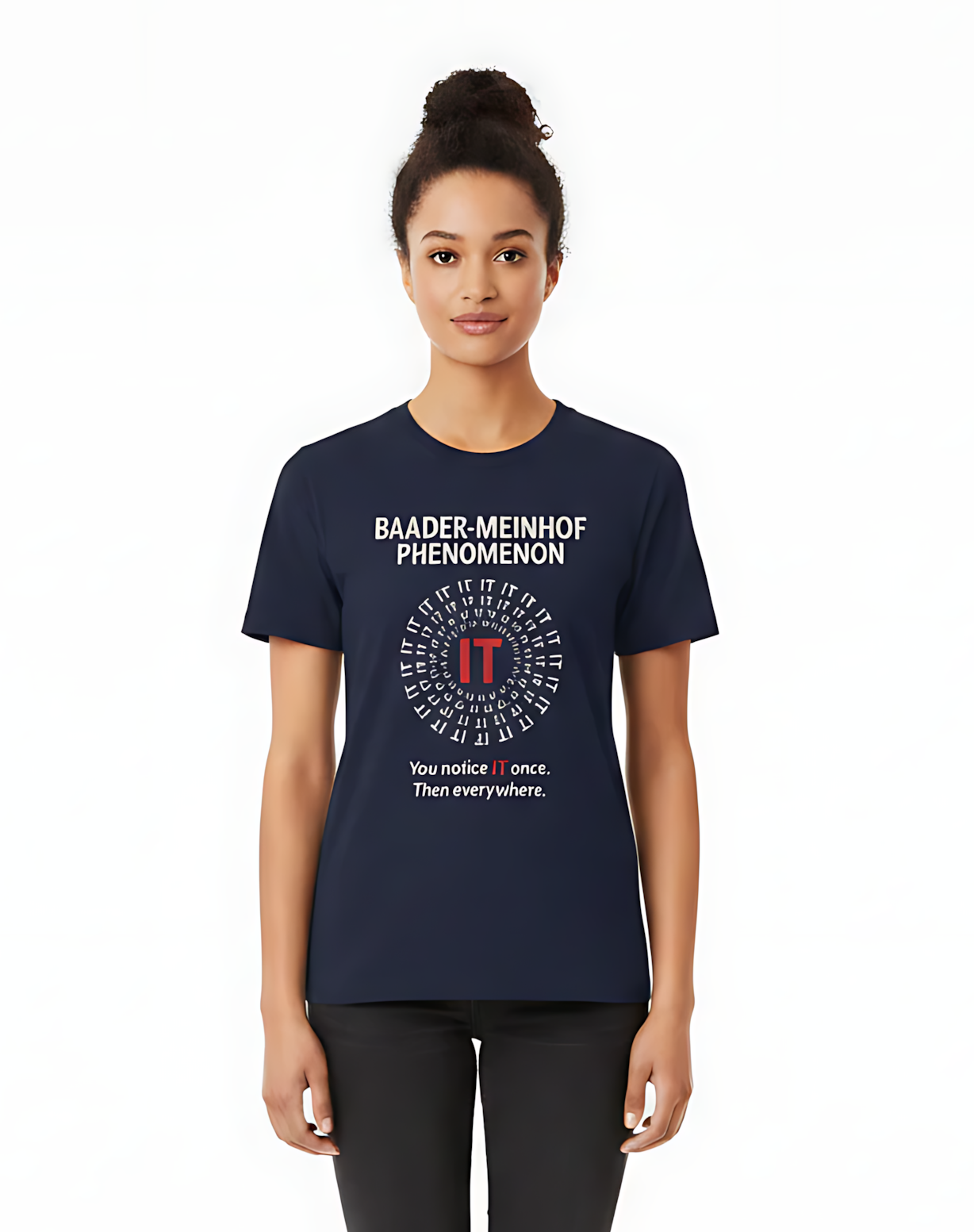 Person wearing a navy blue t-shirt with text and design on a white background