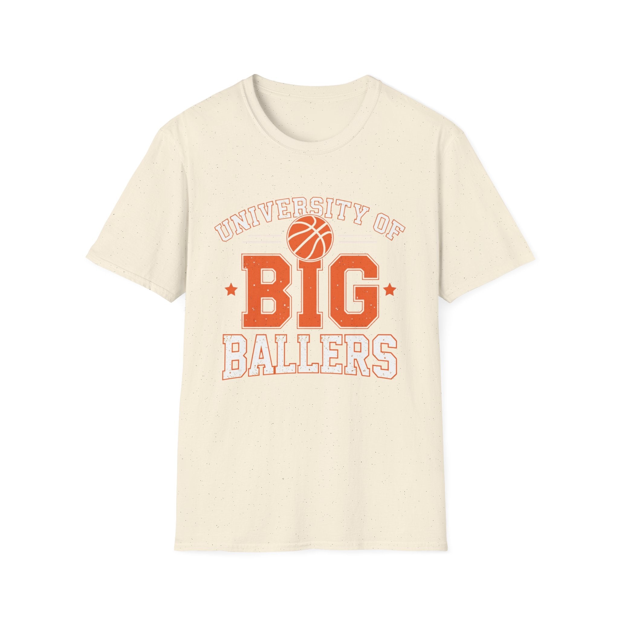 Beige t-shirt with 'University of Big Ballers' text and basketball graphic on a white background
