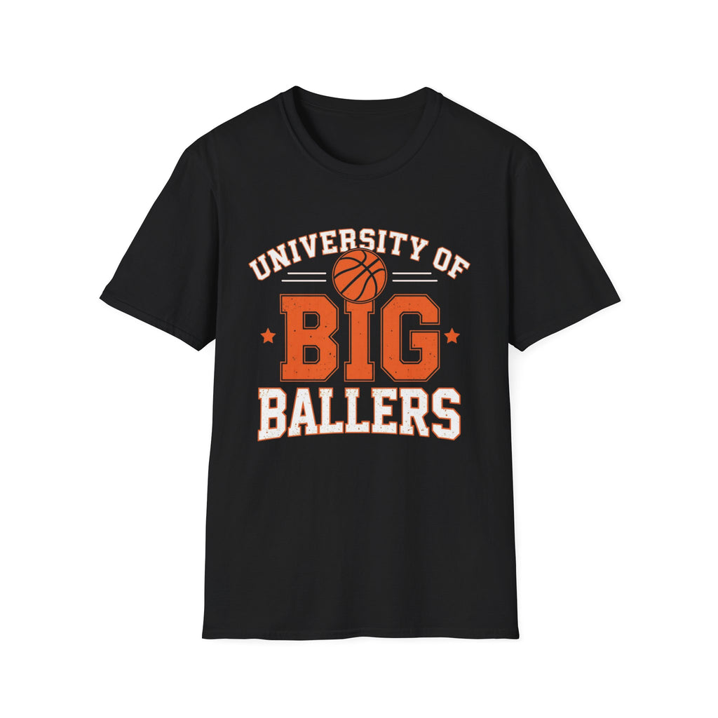 Black t-shirt with 'University of Big Ballers' text and basketball graphic on a white background