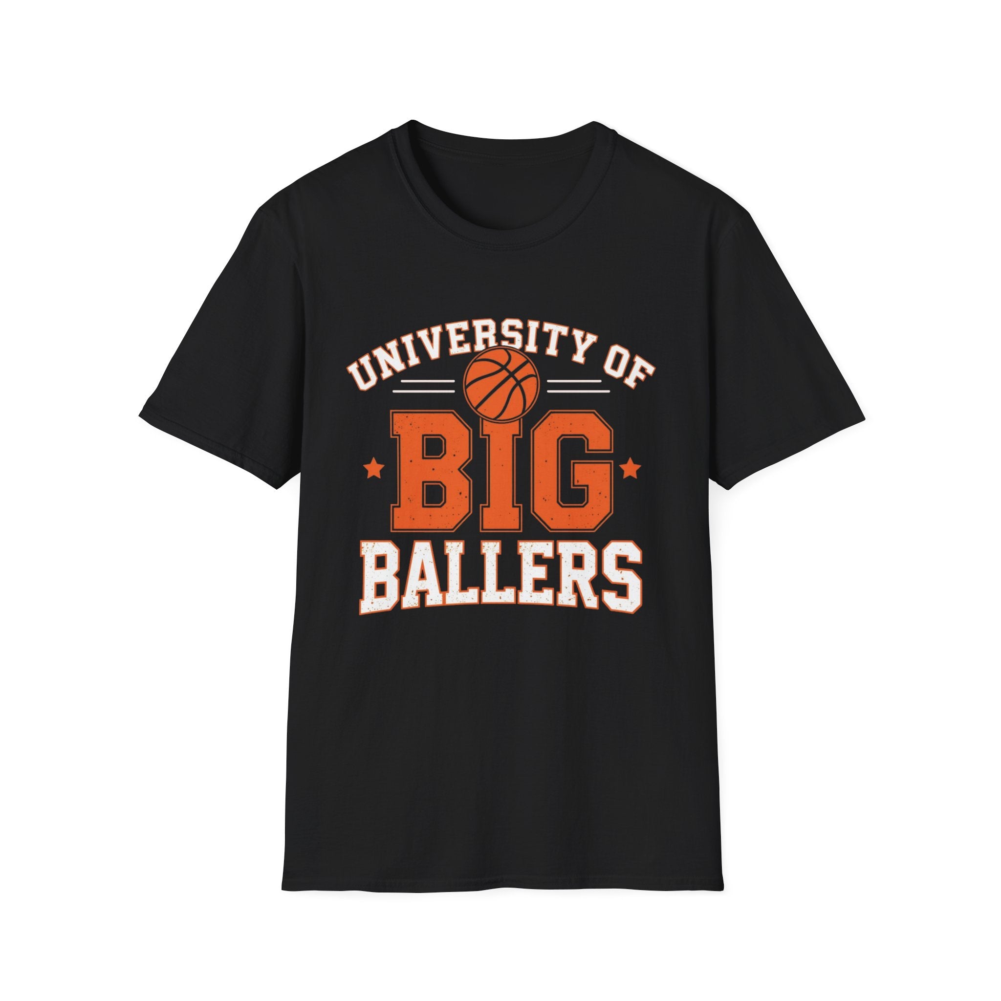 Black t-shirt with 'University of Big Ballers' text and basketball graphic on a white background