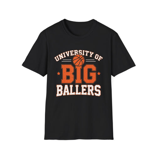 Black t-shirt with 'University of Big Ballers' text and basketball graphic on a white background