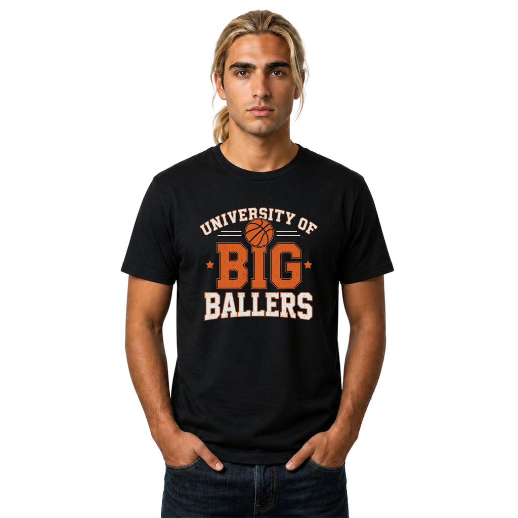 Man wearing a black t-shirt with 'University of Big Ballers' text and basketball graphic on a white background