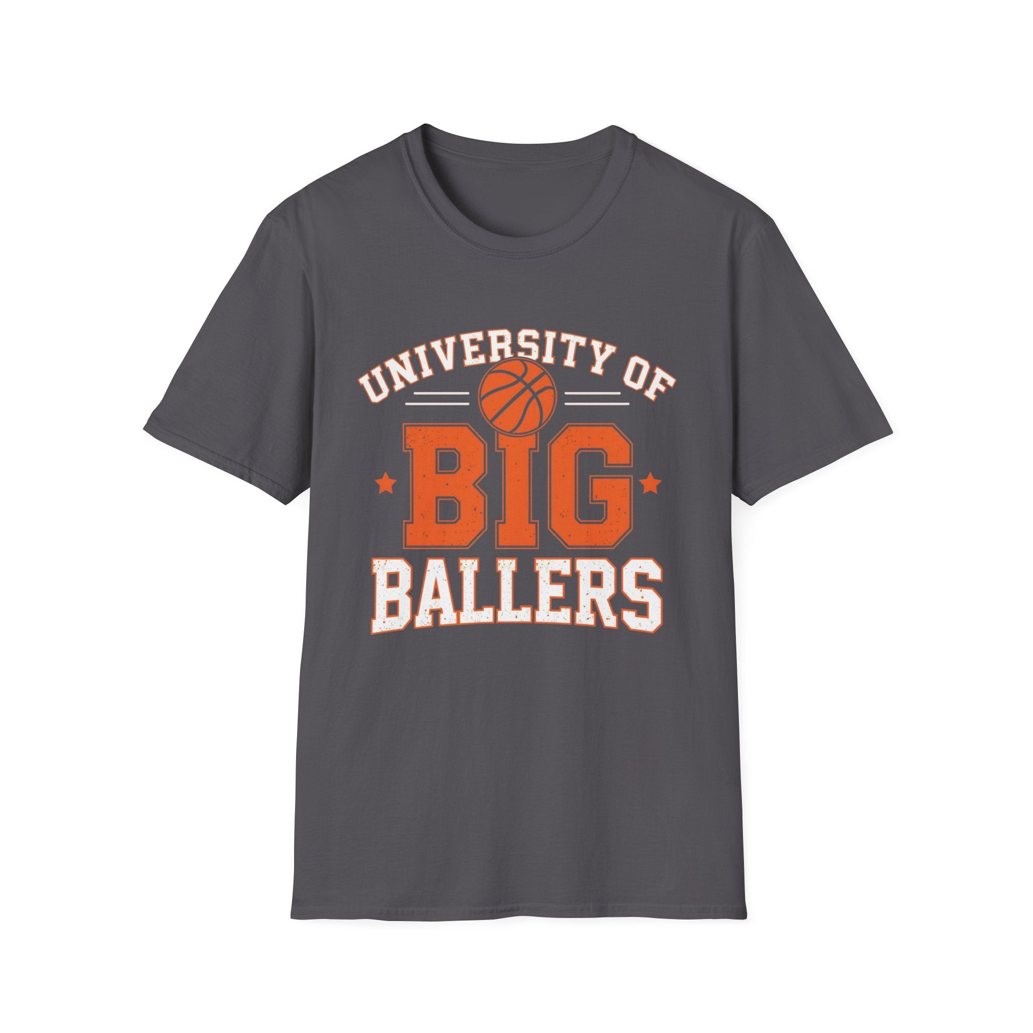 Grey t-shirt with 'University of Big Ballers' text and basketball graphic on a white background