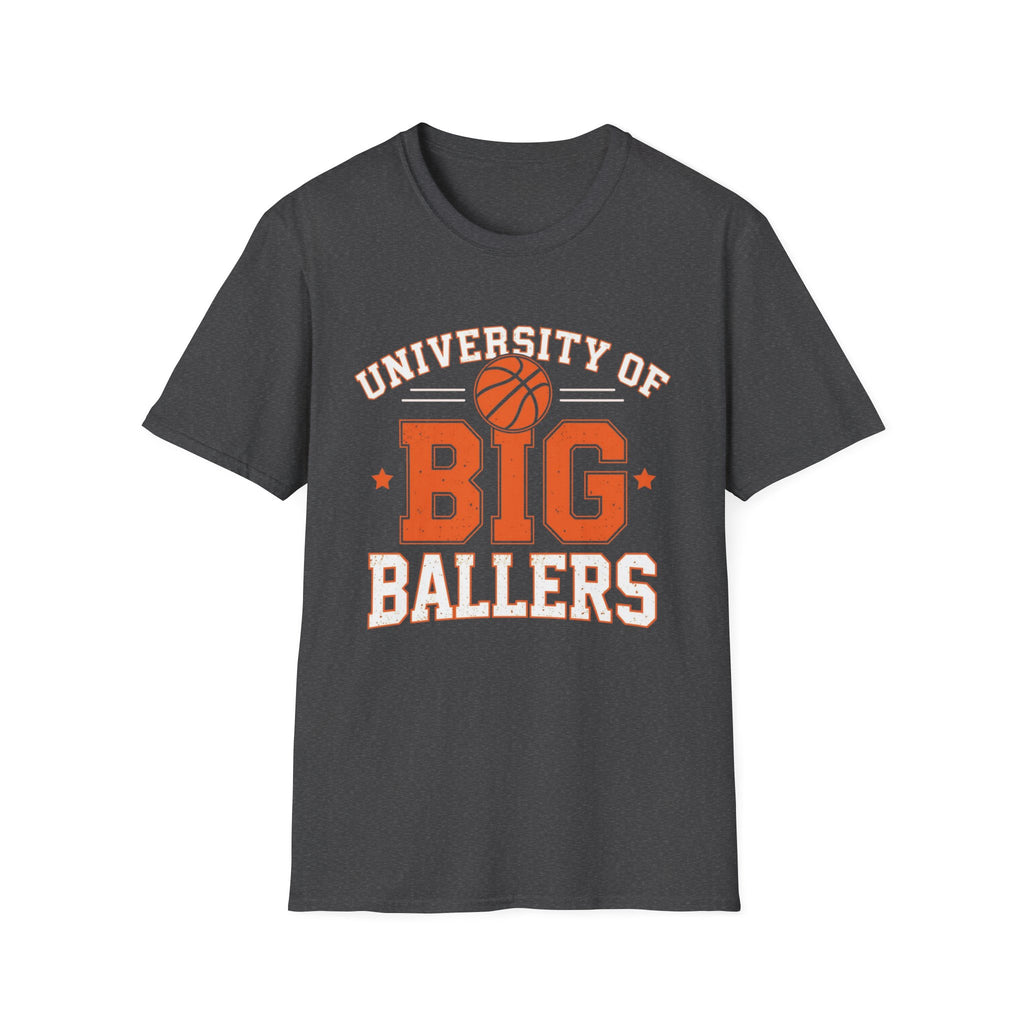 Dark gray t-shirt with 'University of Big Ballers' text and basketball graphic on a white background