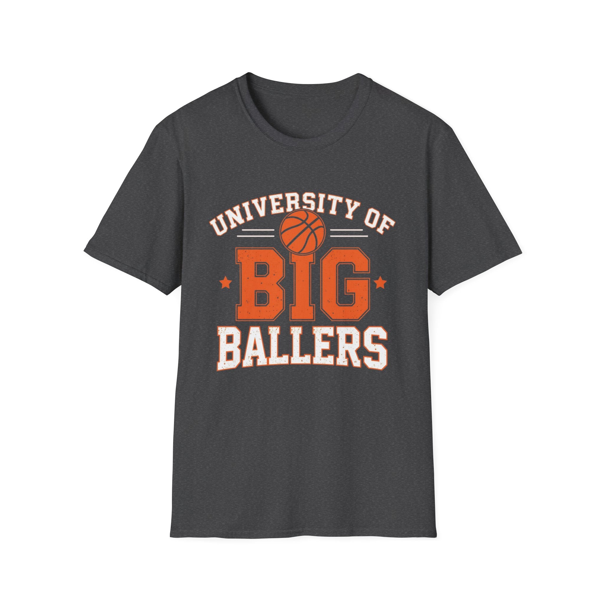 Dark gray t-shirt with 'University of Big Ballers' text and basketball graphic on a white background