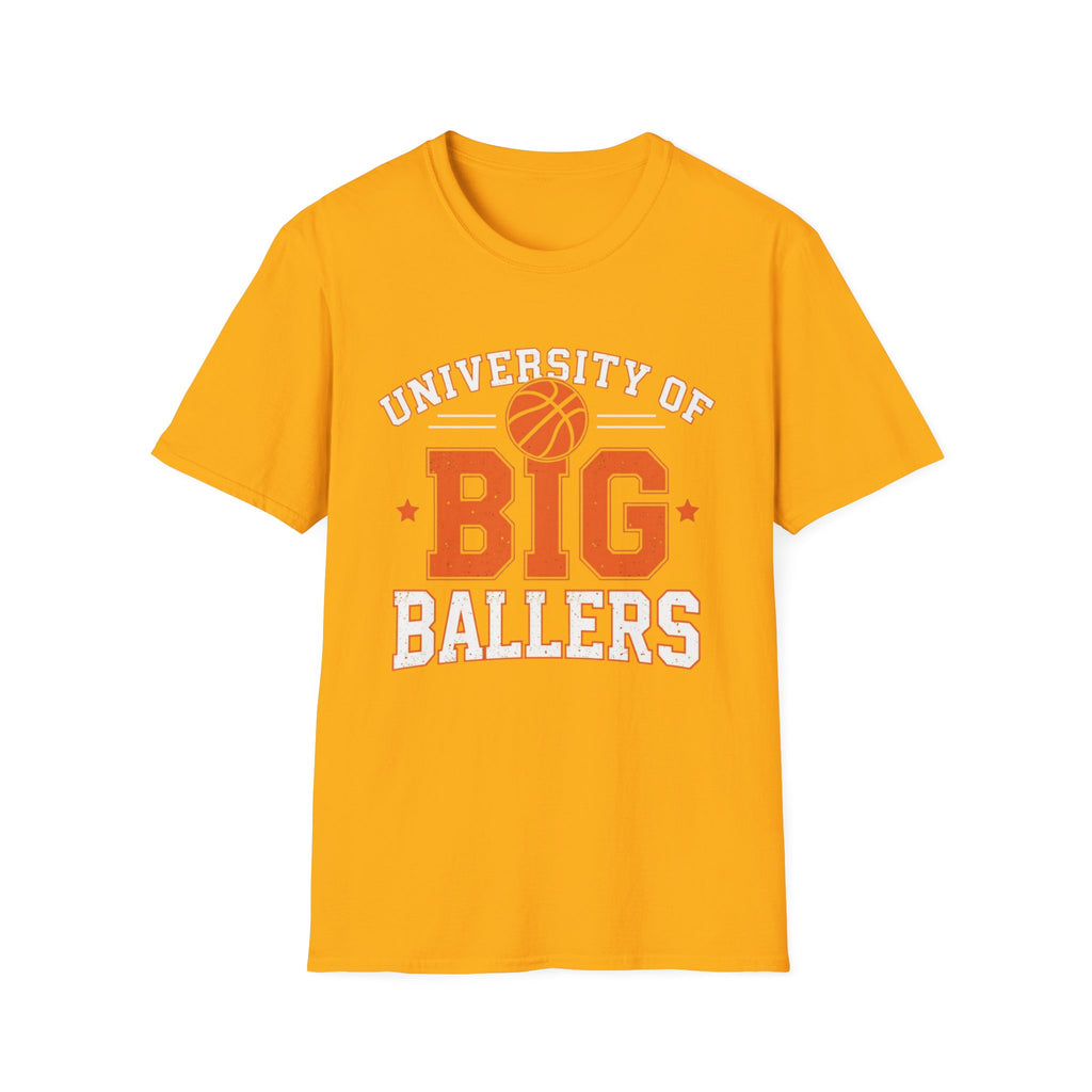 Yellow t-shirt with 'University of Big Ballers' text and basketball graphic on a white background