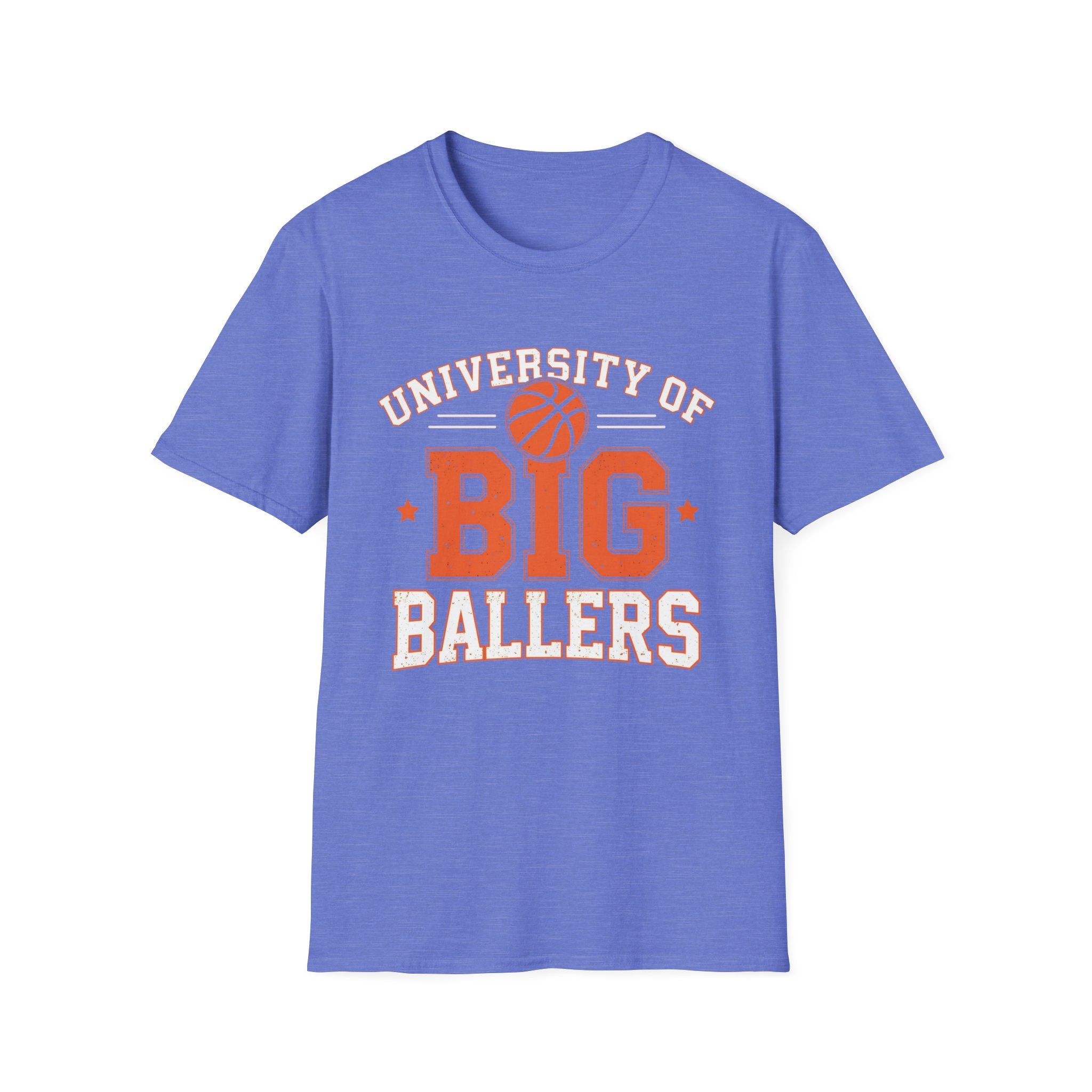 Blue t-shirt with 'University of Big Ballers' text and basketball graphic on a white background