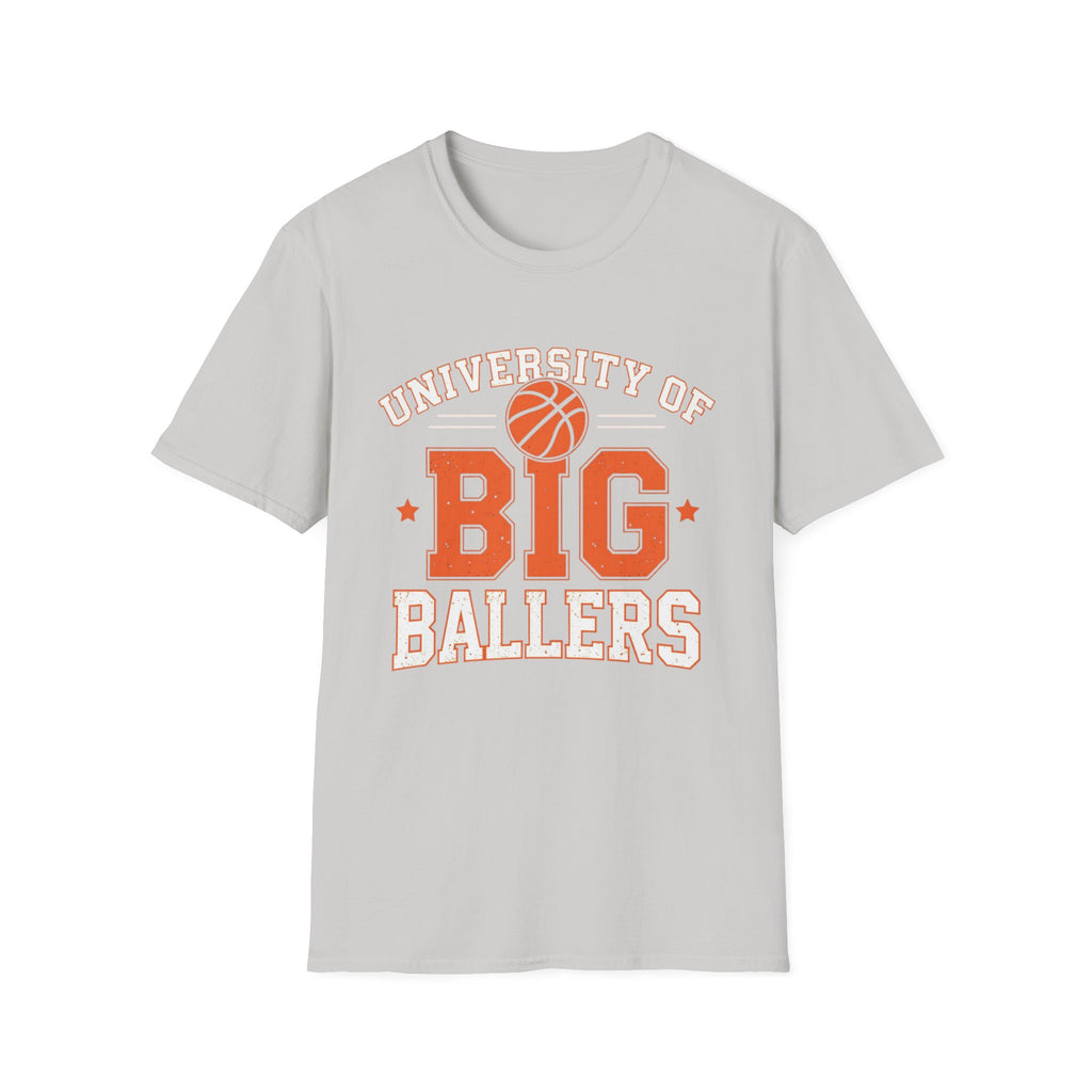 Grey t-shirt with 'University of Big Ballers' text and basketball graphic on a white background