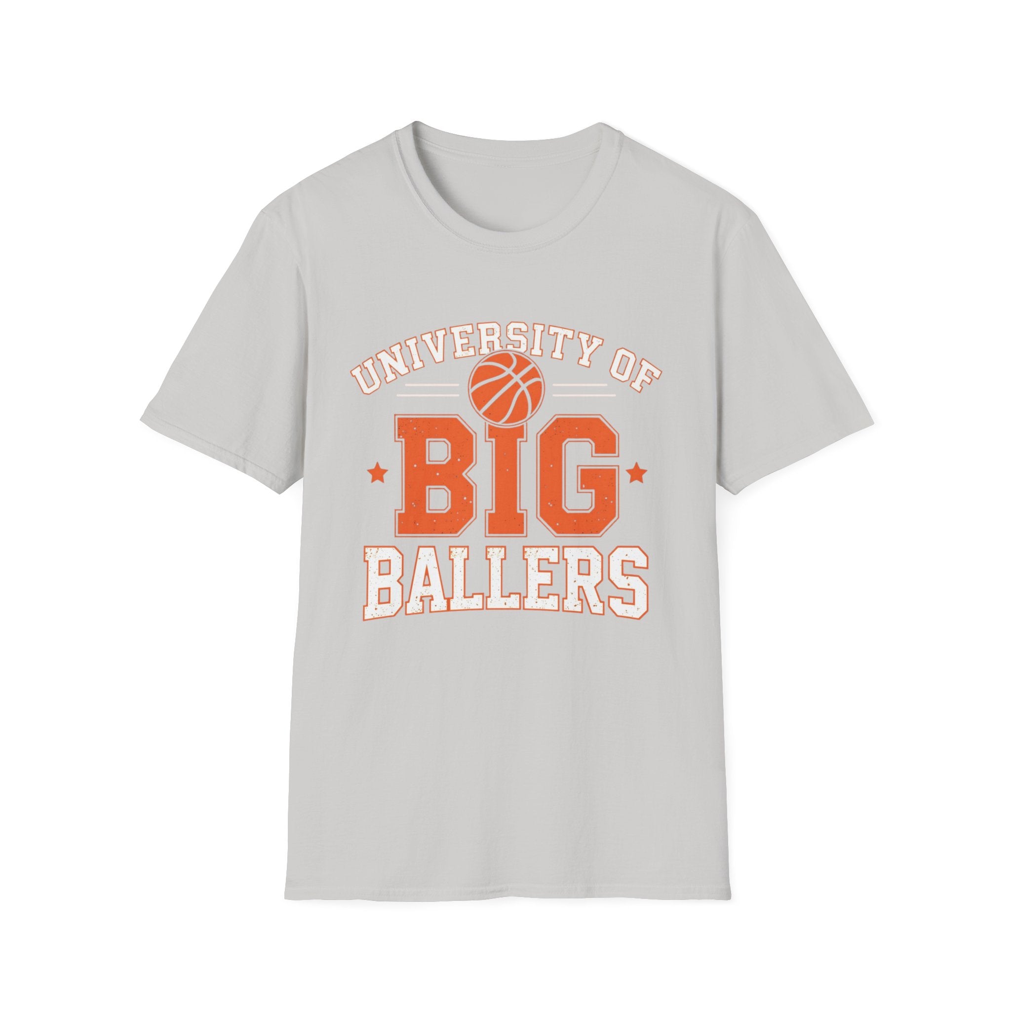 Grey t-shirt with 'University of Big Ballers' text and basketball graphic on a white background
