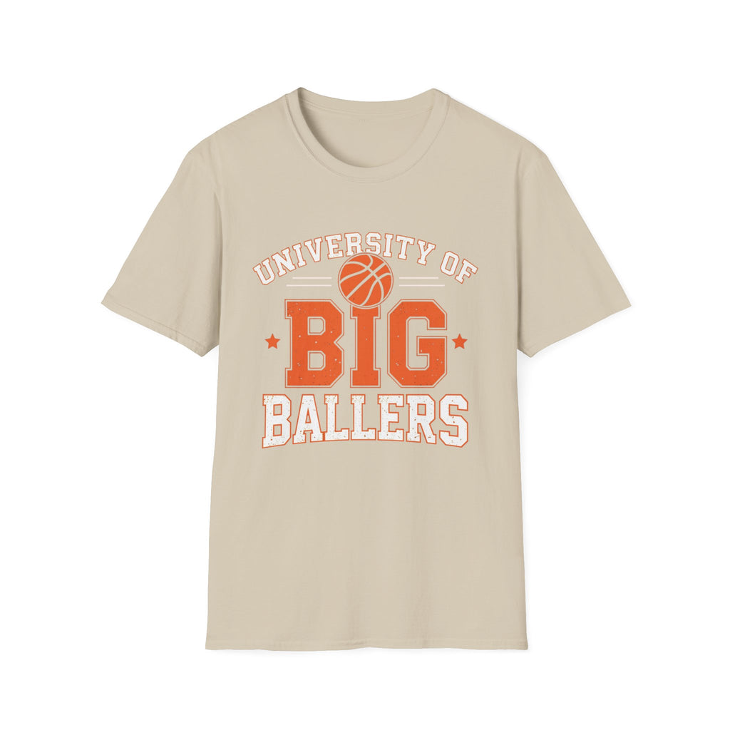 Beige t-shirt with 'University of Big Ballers' text and basketball graphic on a white background