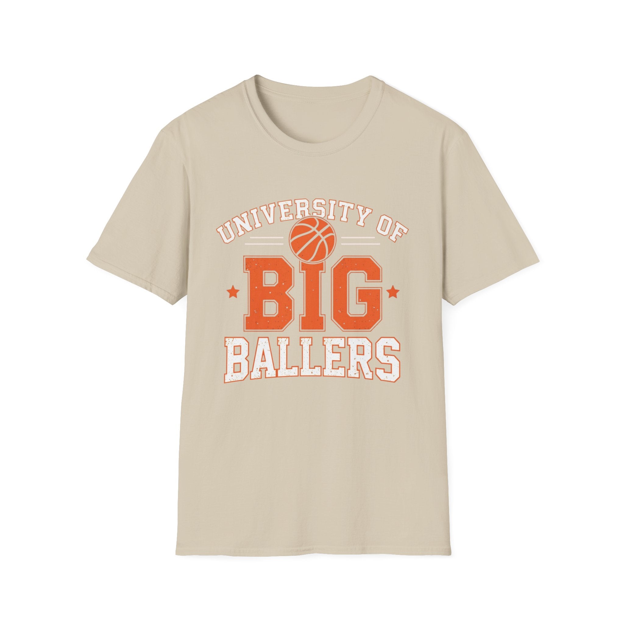 Beige t-shirt with 'University of Big Ballers' text and basketball graphic on a white background