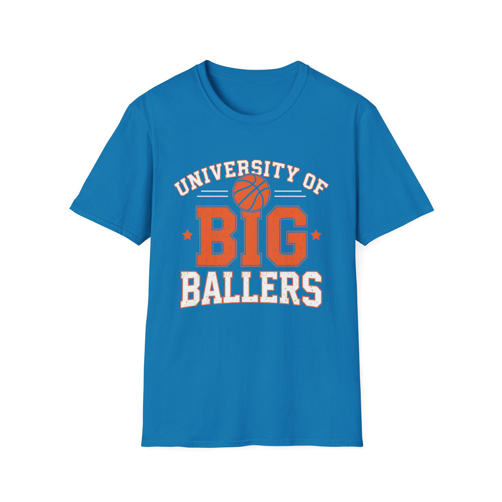 Blue t-shirt with 'University of Big Ballers' text and basketball graphic on a white background