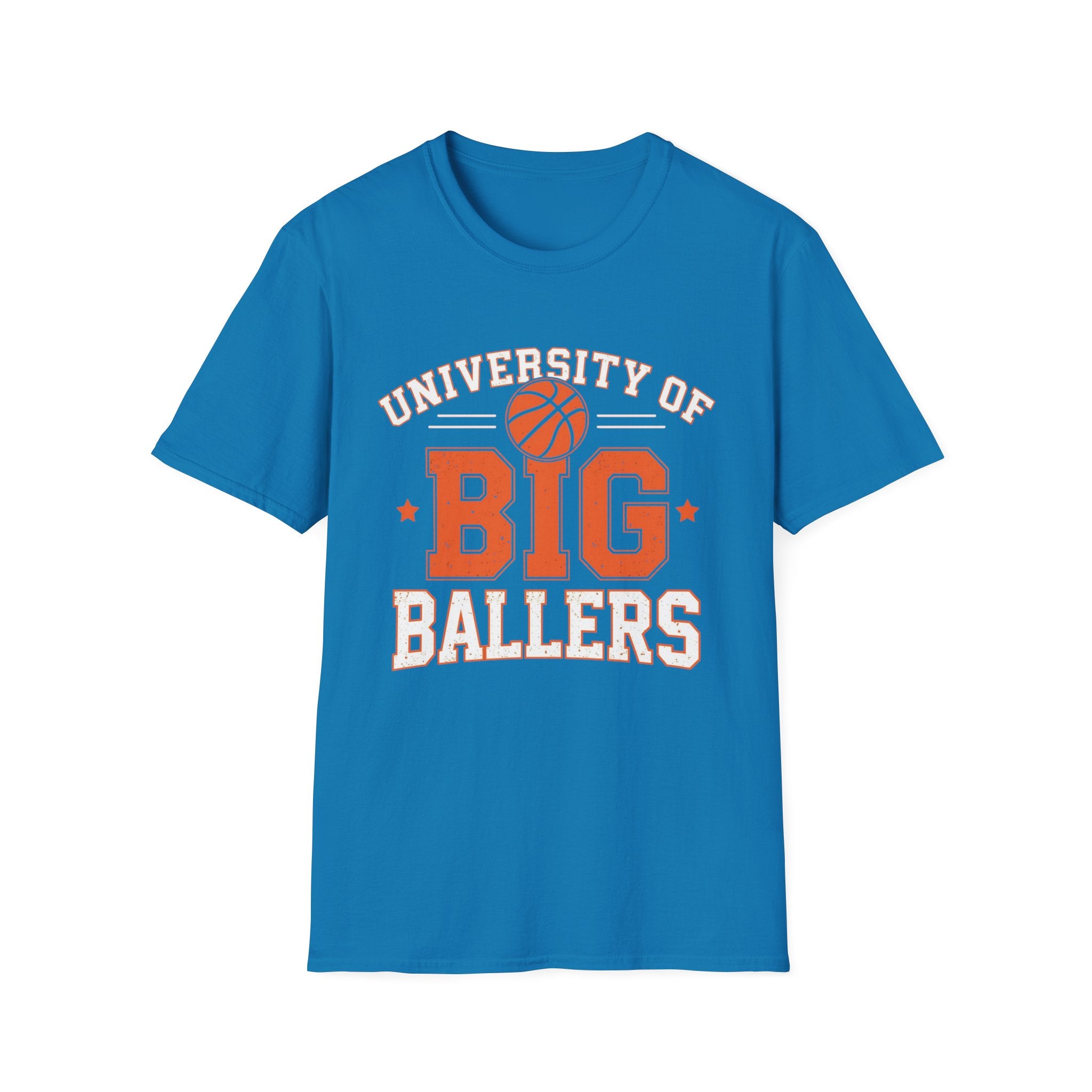 Blue t-shirt with 'University of Big Ballers' text and basketball graphic on a white background