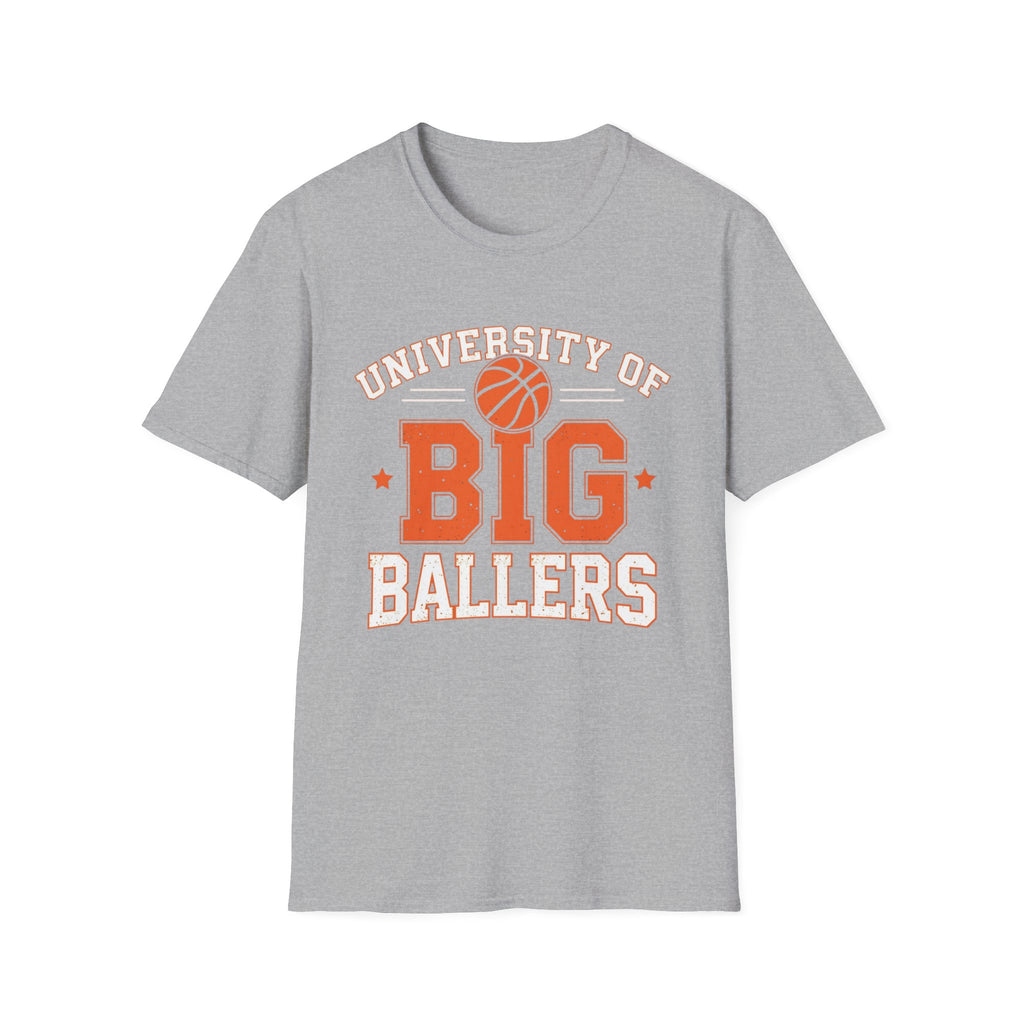Gray t-shirt with 'University of Big Ballers' text and basketball graphic on a white background