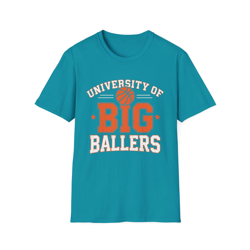 Blue t-shirt with 'University of Big Ballers' text and basketball graphic on a white background