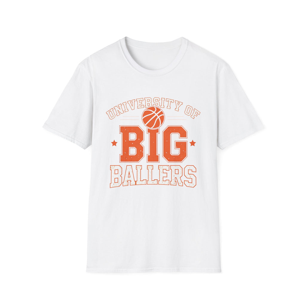 White t-shirt with 'University of Big Ballers' text and basketball graphic on a white background