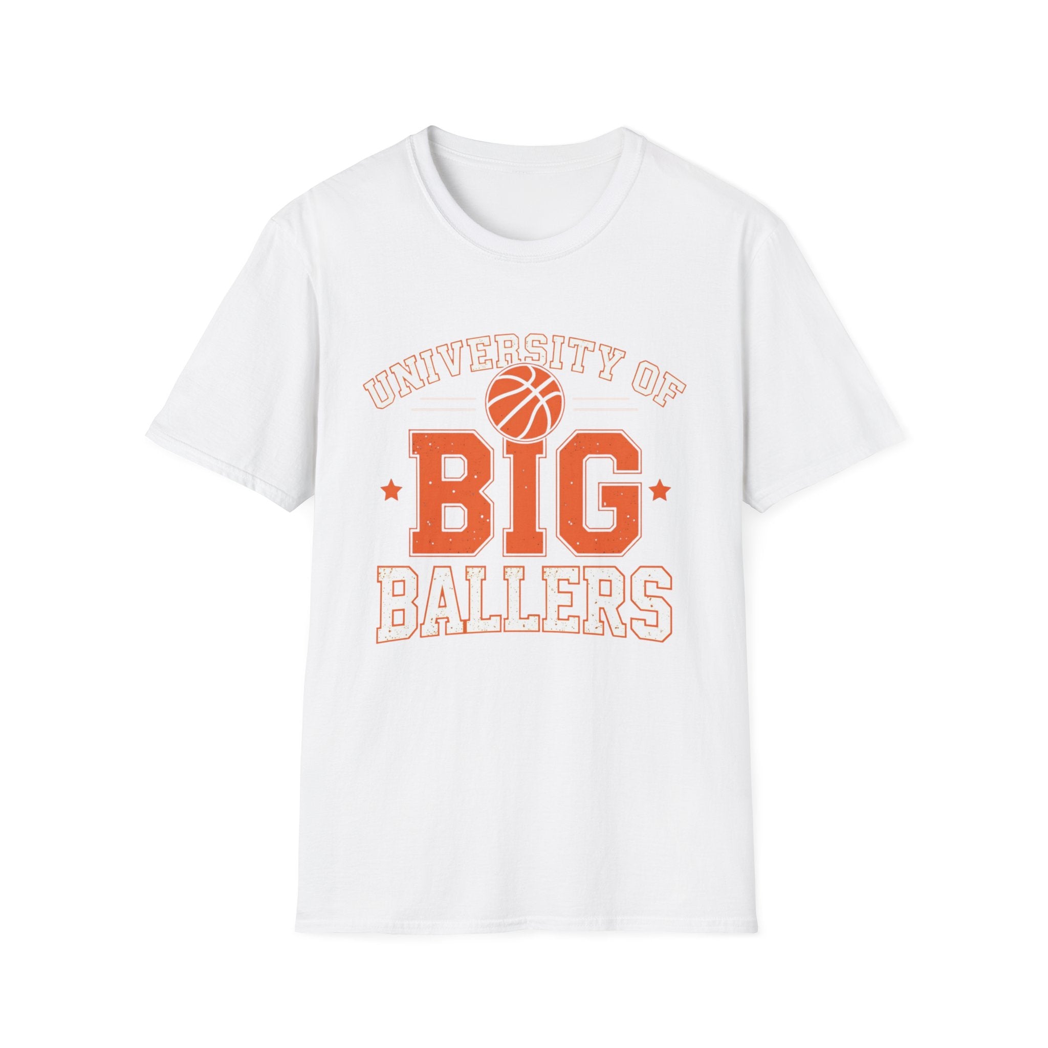 White t-shirt with 'University of Big Ballers' text and basketball graphic on a white background