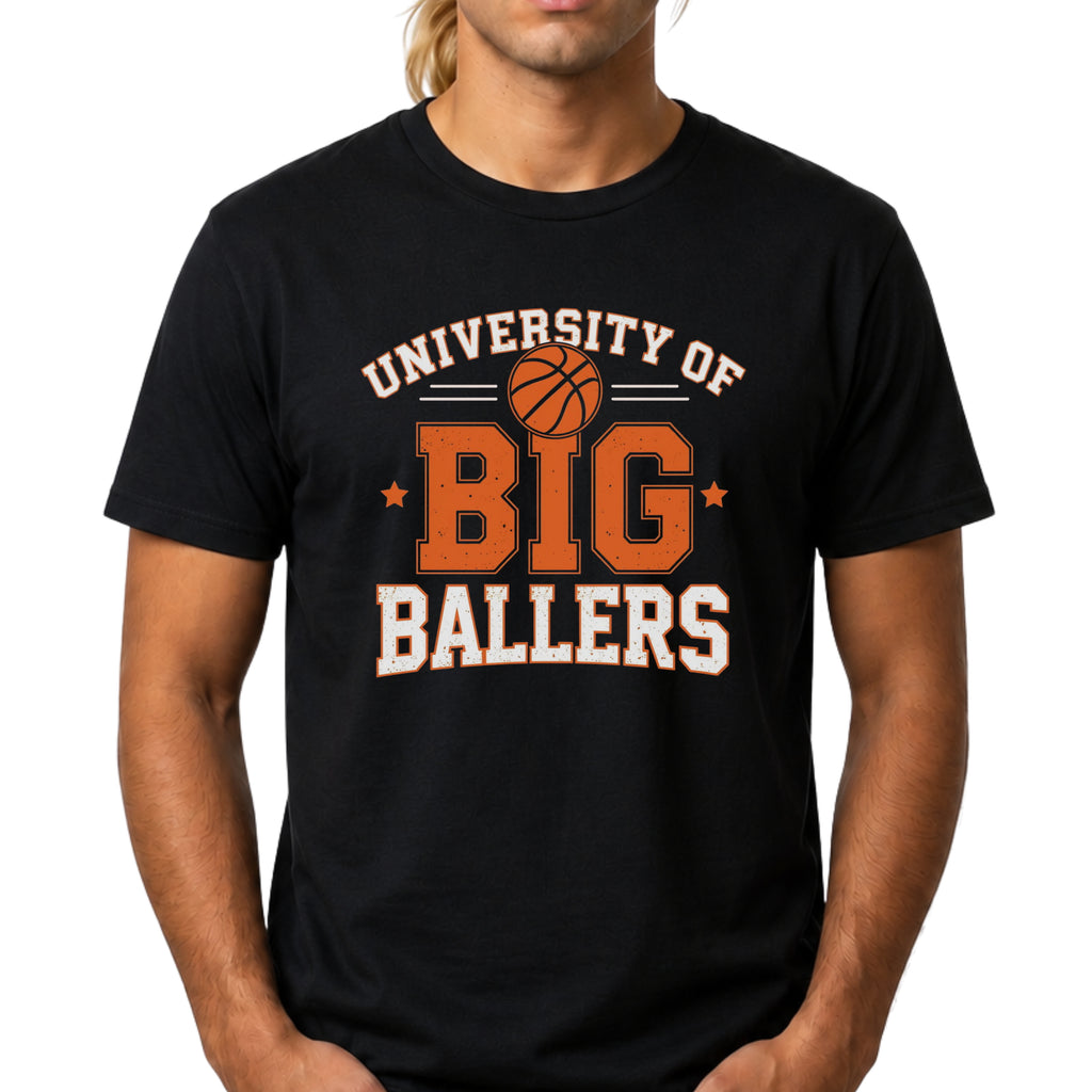 Black t-shirt with 'University of Big Ballers' print on a white background