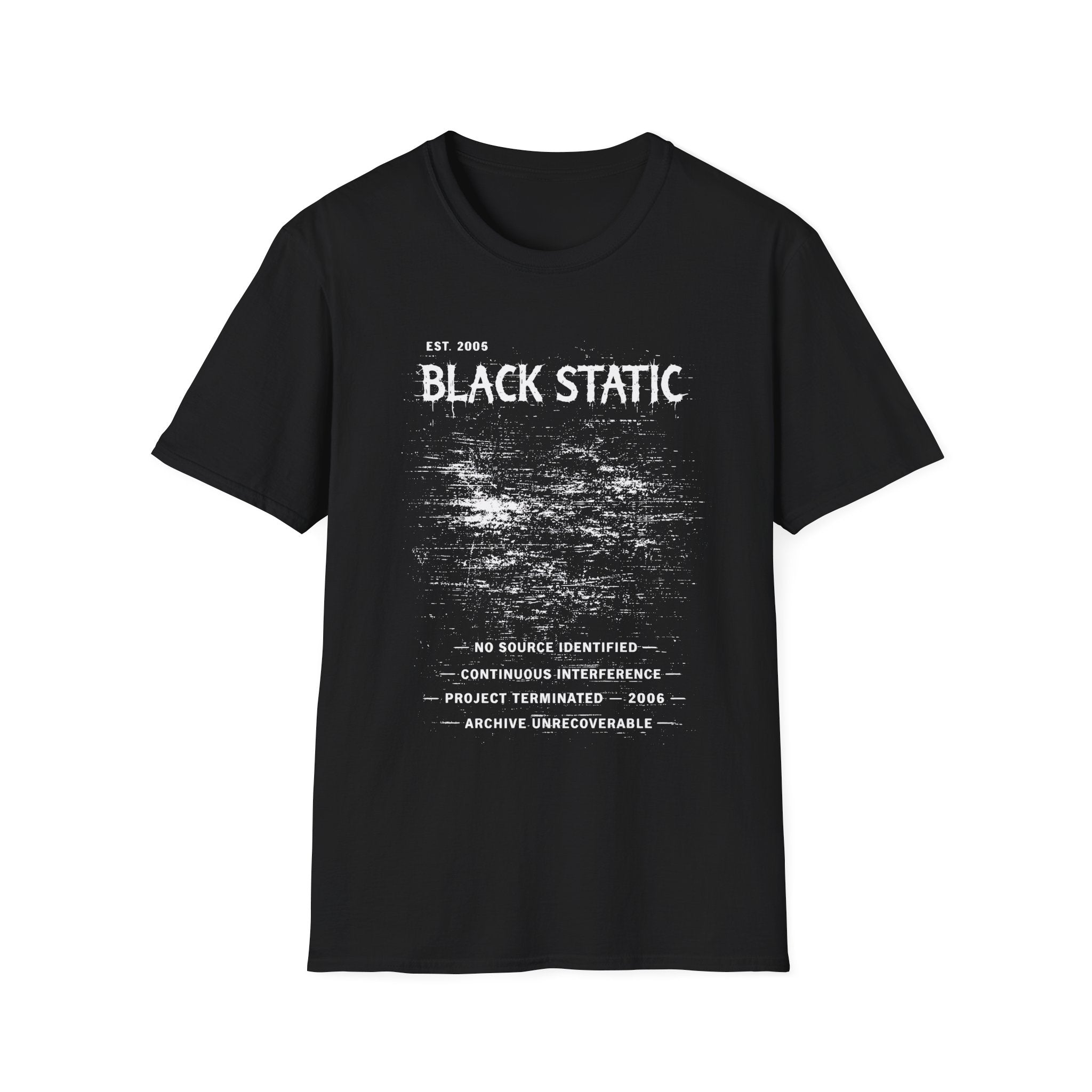 Black Static graphic T-shirt with distressed white typography and static noise artwork on black. A dark archive-band style tee for glitch, cyber grunge, and underground streetwear fans.