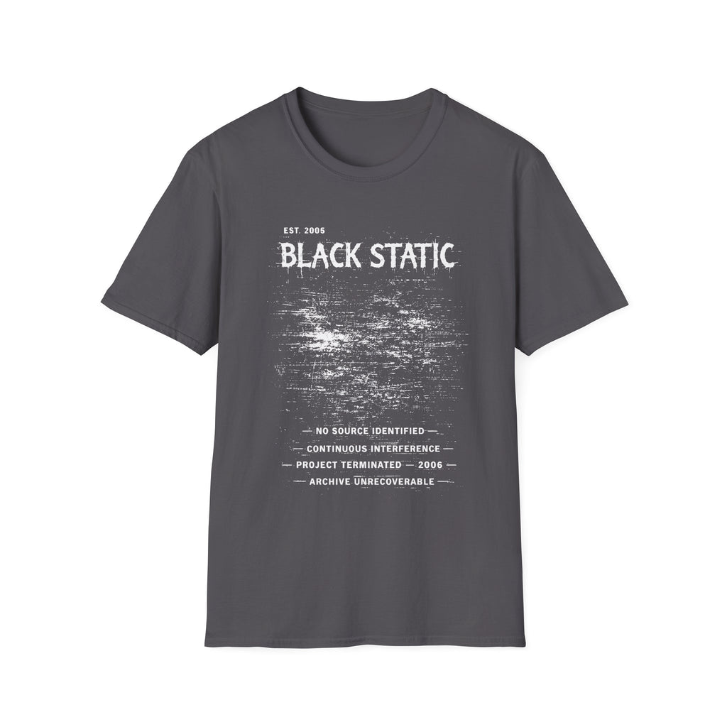 Black Static graphic T-shirt with distressed white typography and static noise artwork on charcoal. A dark archive-band style tee for glitch, cyber grunge, and underground streetwear fans.
