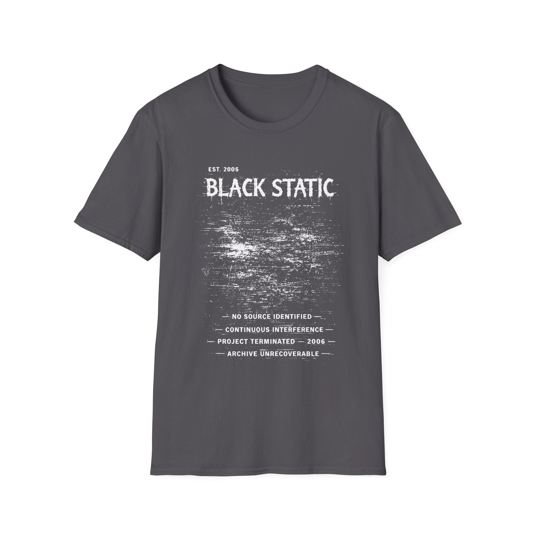 Black Static graphic T-shirt with distressed white typography and static noise artwork on charcoal. A dark archive-band style tee for glitch, cyber grunge, and underground streetwear fans.