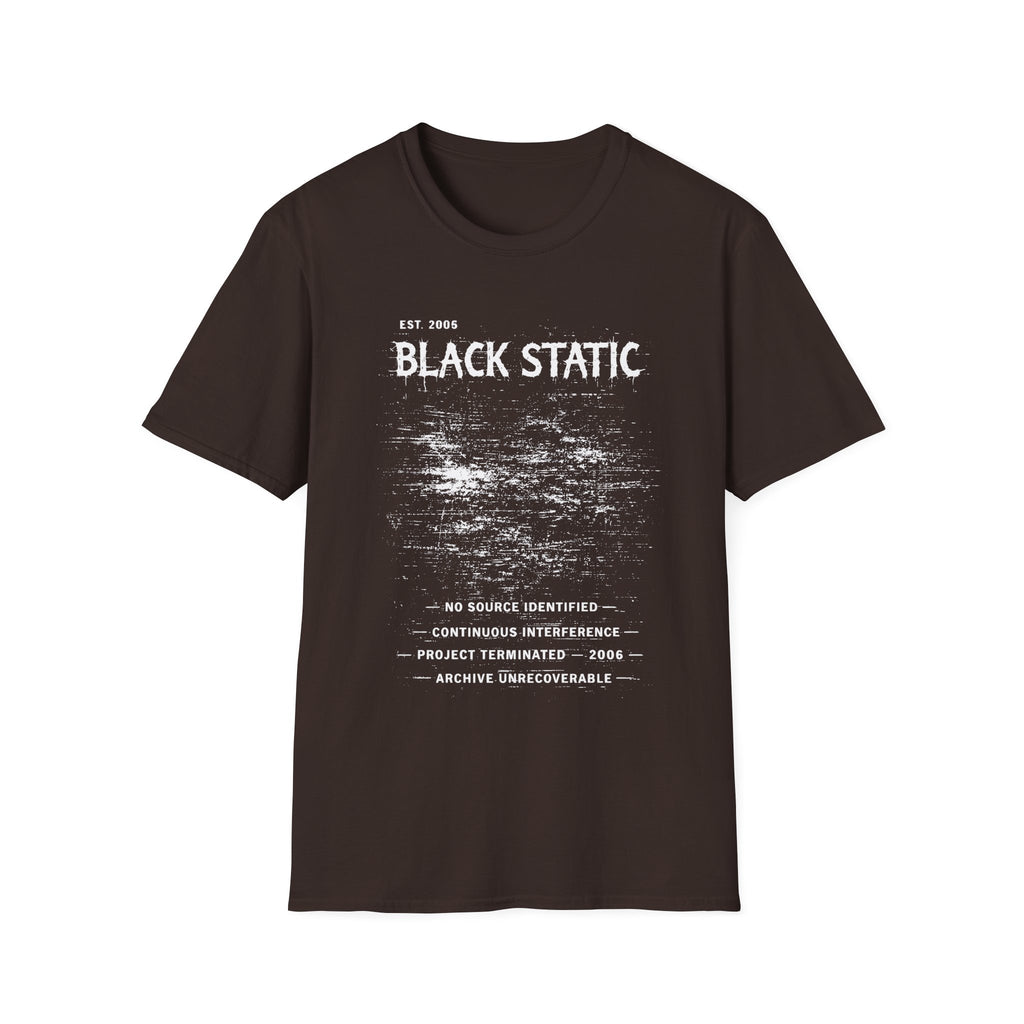 Black Static graphic T-shirt with distressed white typography and static noise artwork on chocolate brown. A dark archive-band style tee for glitch, cyber grunge, and underground streetwear fans.