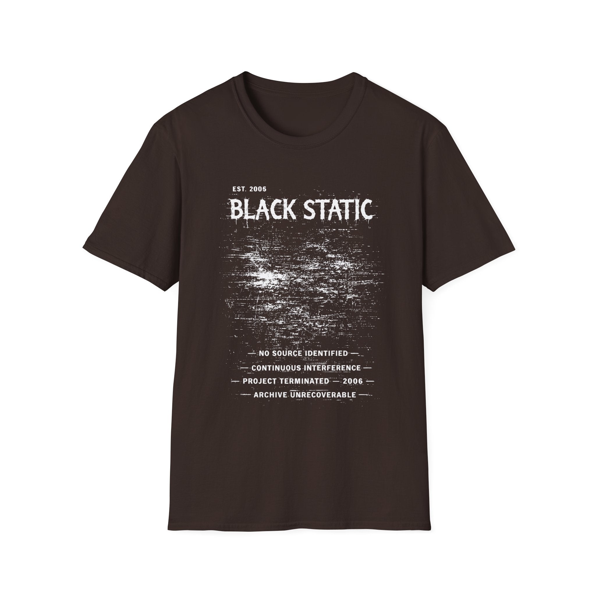Black Static graphic T-shirt with distressed white typography and static noise artwork on chocolate brown. A dark archive-band style tee for glitch, cyber grunge, and underground streetwear fans.