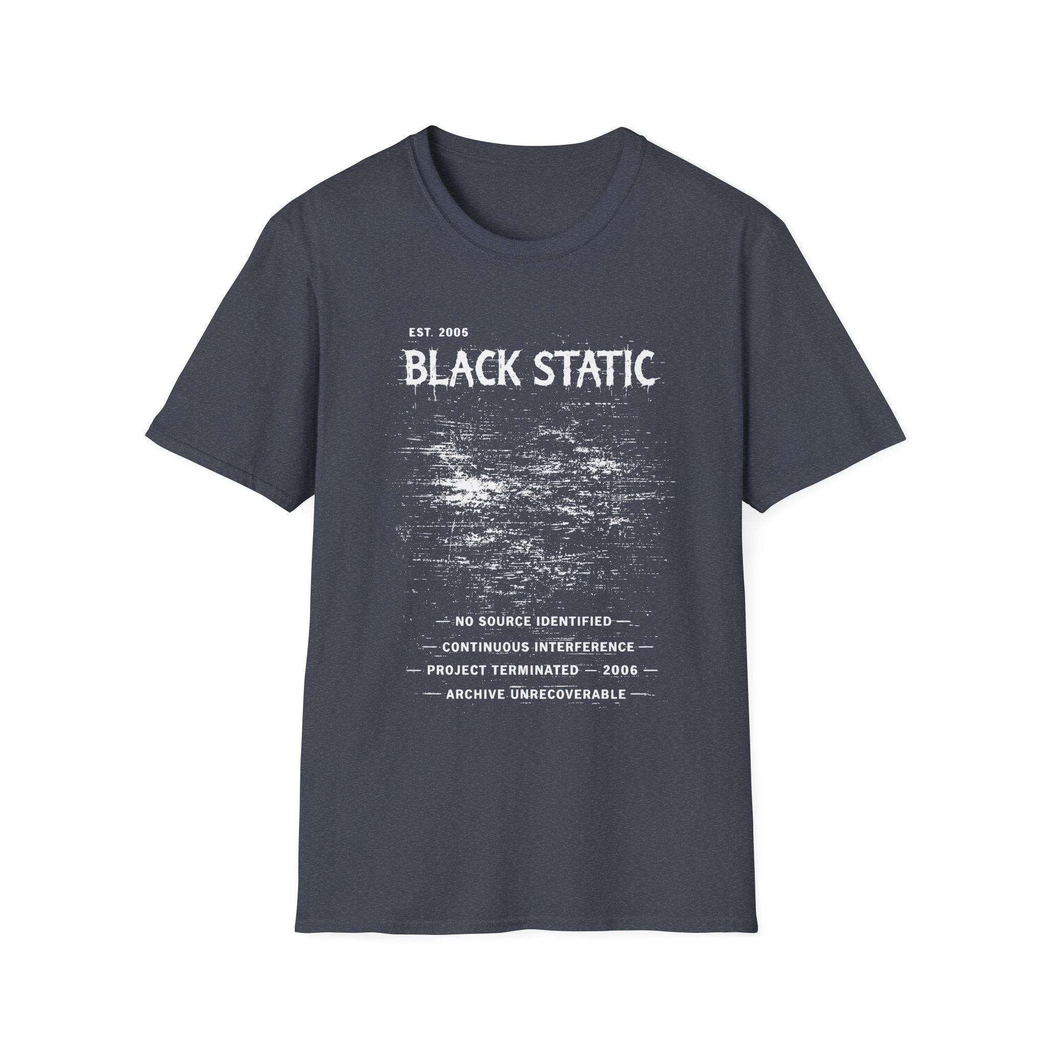 Black Static graphic T-shirt with distressed white typography and static noise artwork on heather navy. A dark archive-band style tee for glitch, cyber grunge, and underground streetwear fans.