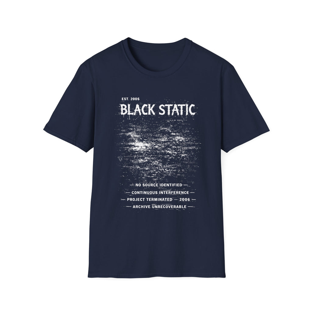 Black Static graphic T-shirt with distressed white typography and static noise artwork on navy. A dark archive-band style tee for glitch, cyber grunge, and underground streetwear fans.