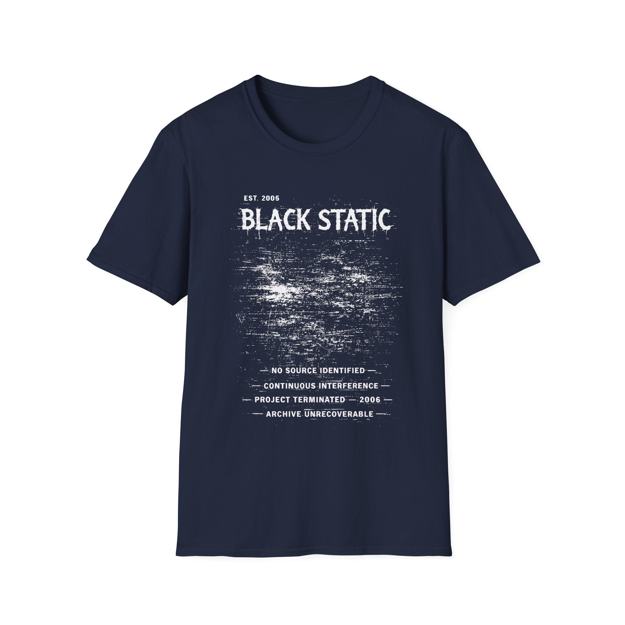 Black Static graphic T-shirt with distressed white typography and static noise artwork on navy. A dark archive-band style tee for glitch, cyber grunge, and underground streetwear fans.
