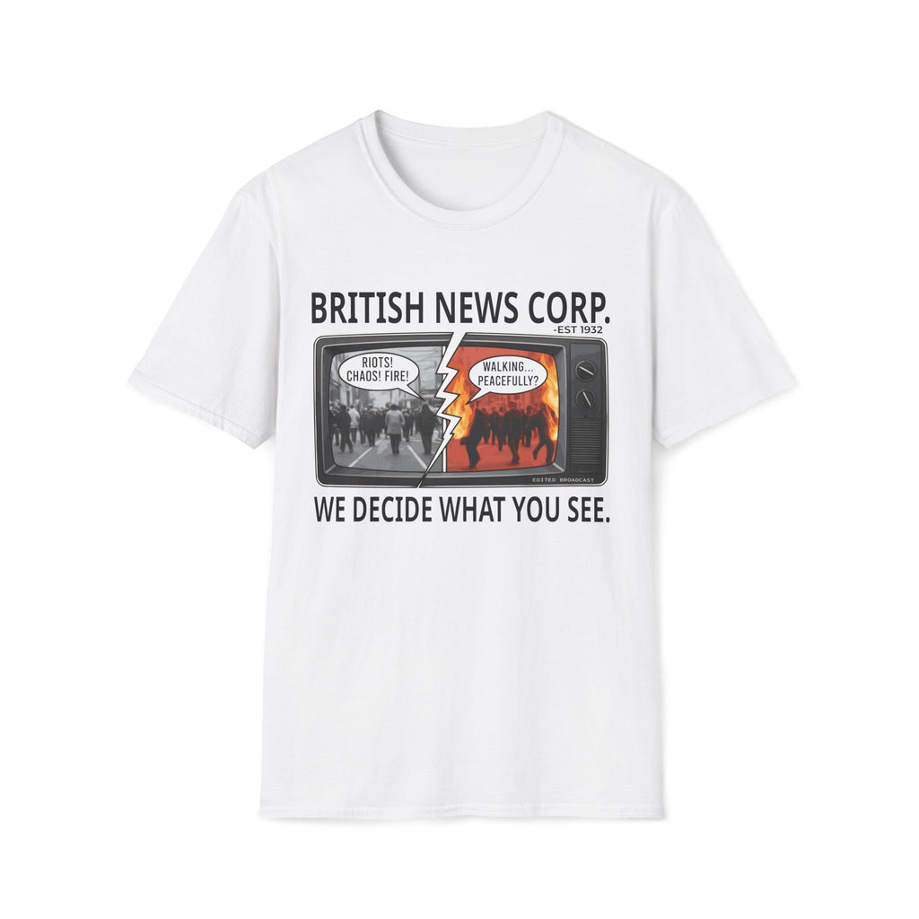 White Gildan 64000 T-shirt with British News Corp media satire graphic showing split-screen TV news framing and fake news parody artwork.