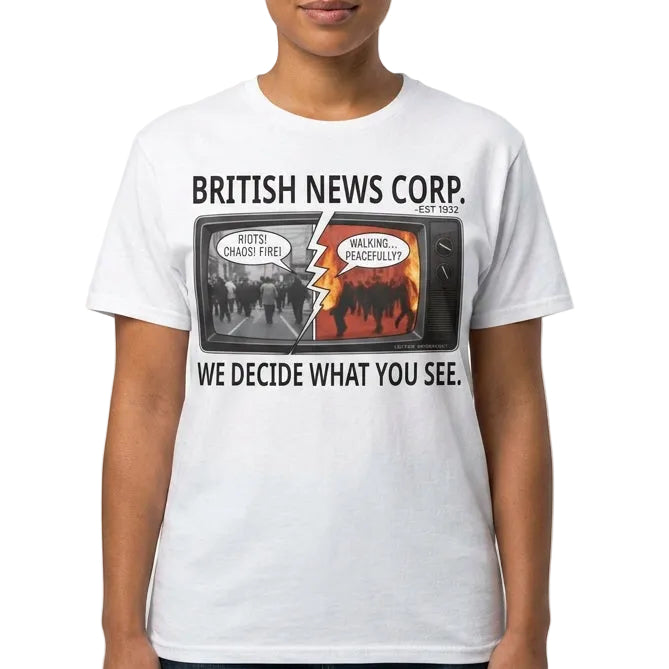 Model wearing a British News Corp media satire tee with split TV news artwork about media bias and headline framing.