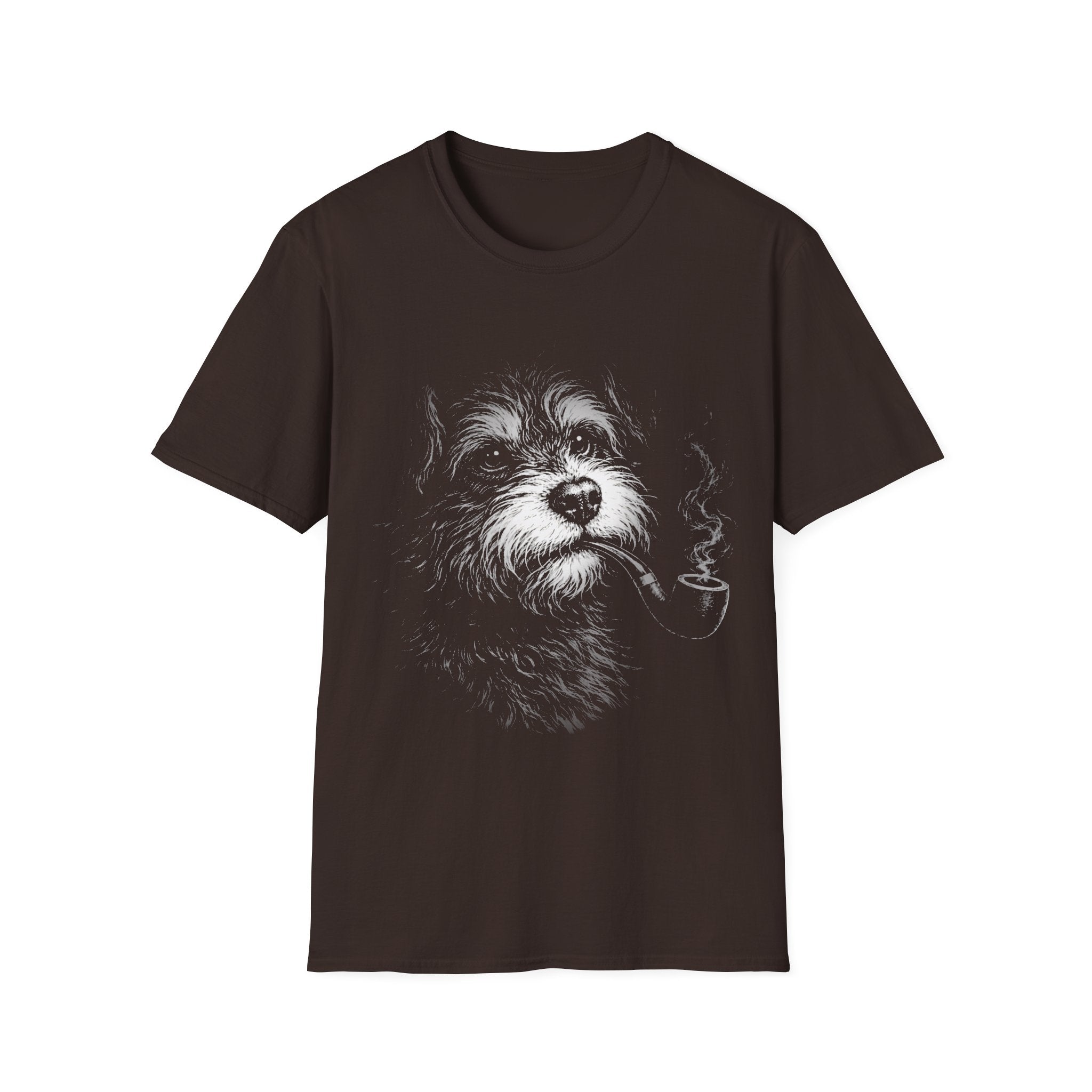 Brown unisex T-shirt with smoky black-and-white scruffy dog portrait artwork.