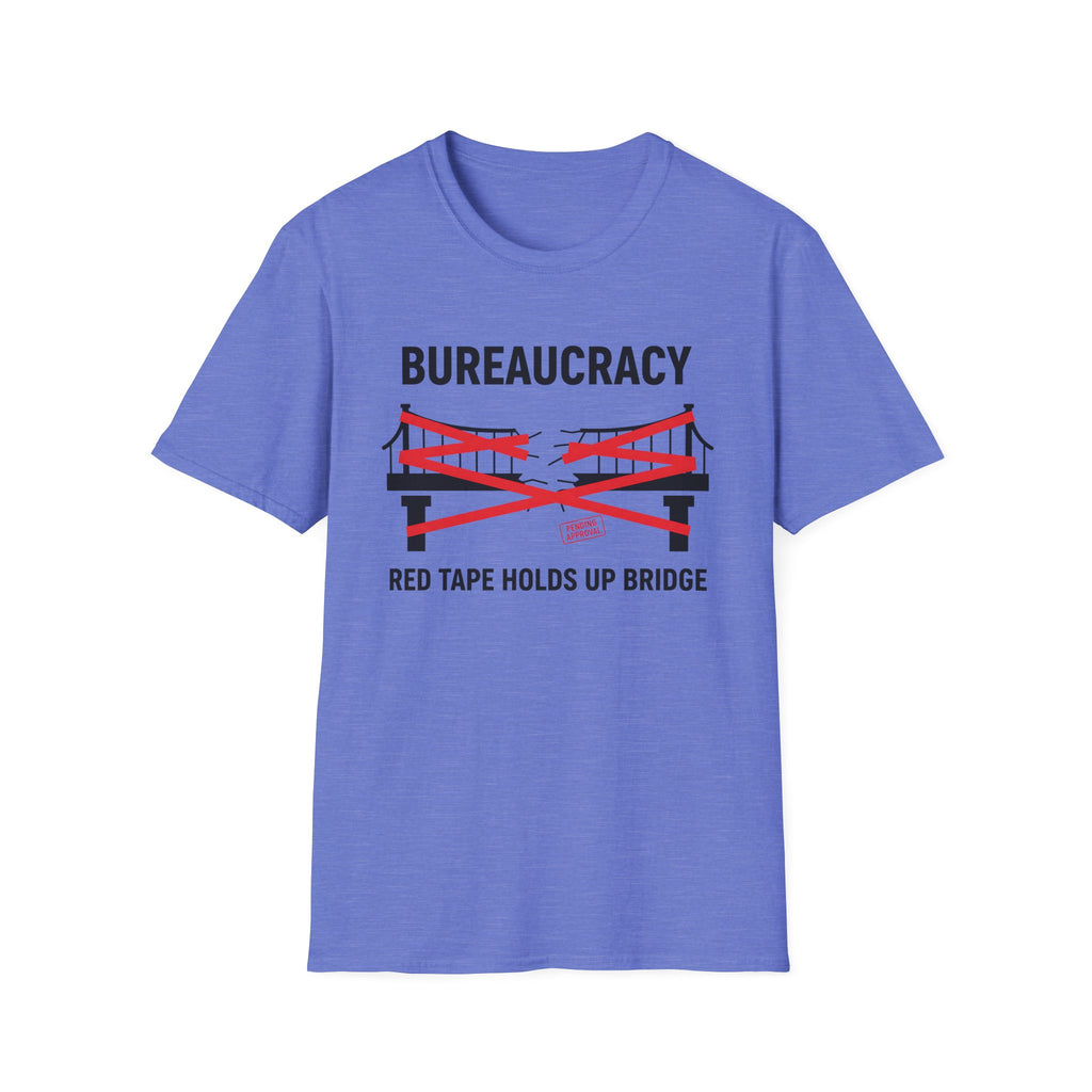 Purple Gildan 64000 Softstyle T-shirt featuring a satirical bureaucracy graphic with red tape wrapped around a bridge and the text “Bureaucracy” above and “Red Tape Holds Up Bridge” below.