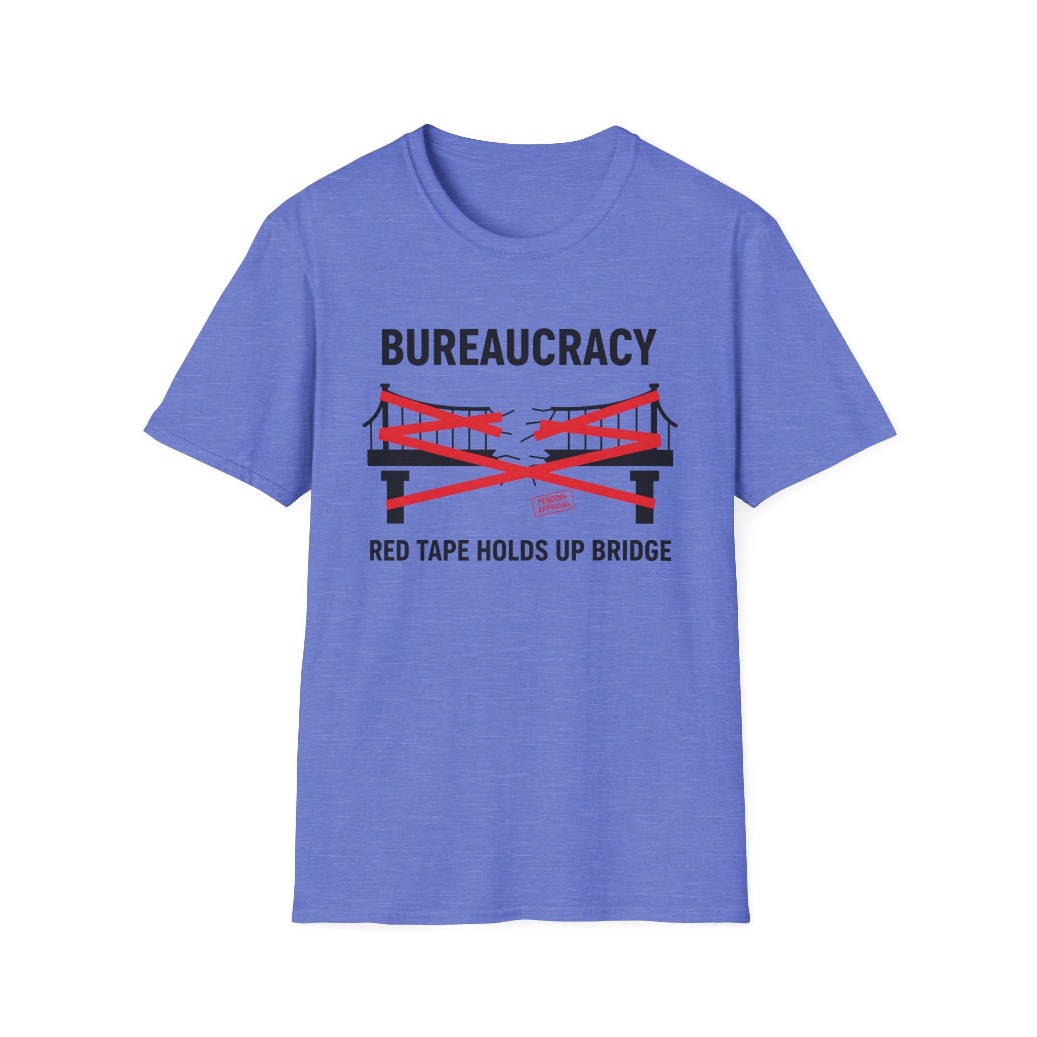 Purple Gildan 64000 Softstyle T-shirt featuring a satirical bureaucracy graphic with red tape wrapped around a bridge and the text “Bureaucracy” above and “Red Tape Holds Up Bridge” below.