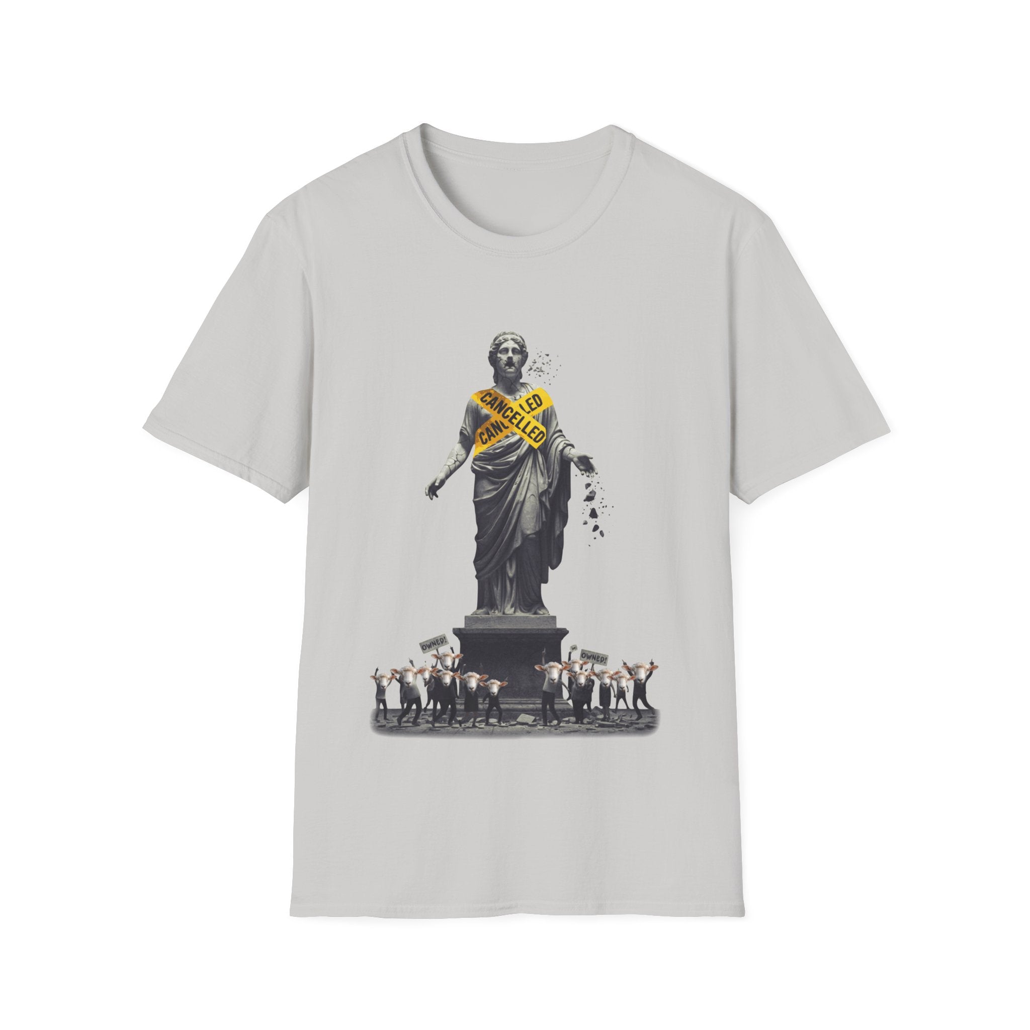 Satirical graphic T-shirt design showing a cancelled statue, sheep crowd and yellow tape artwork about cancel culture and mob mentality.