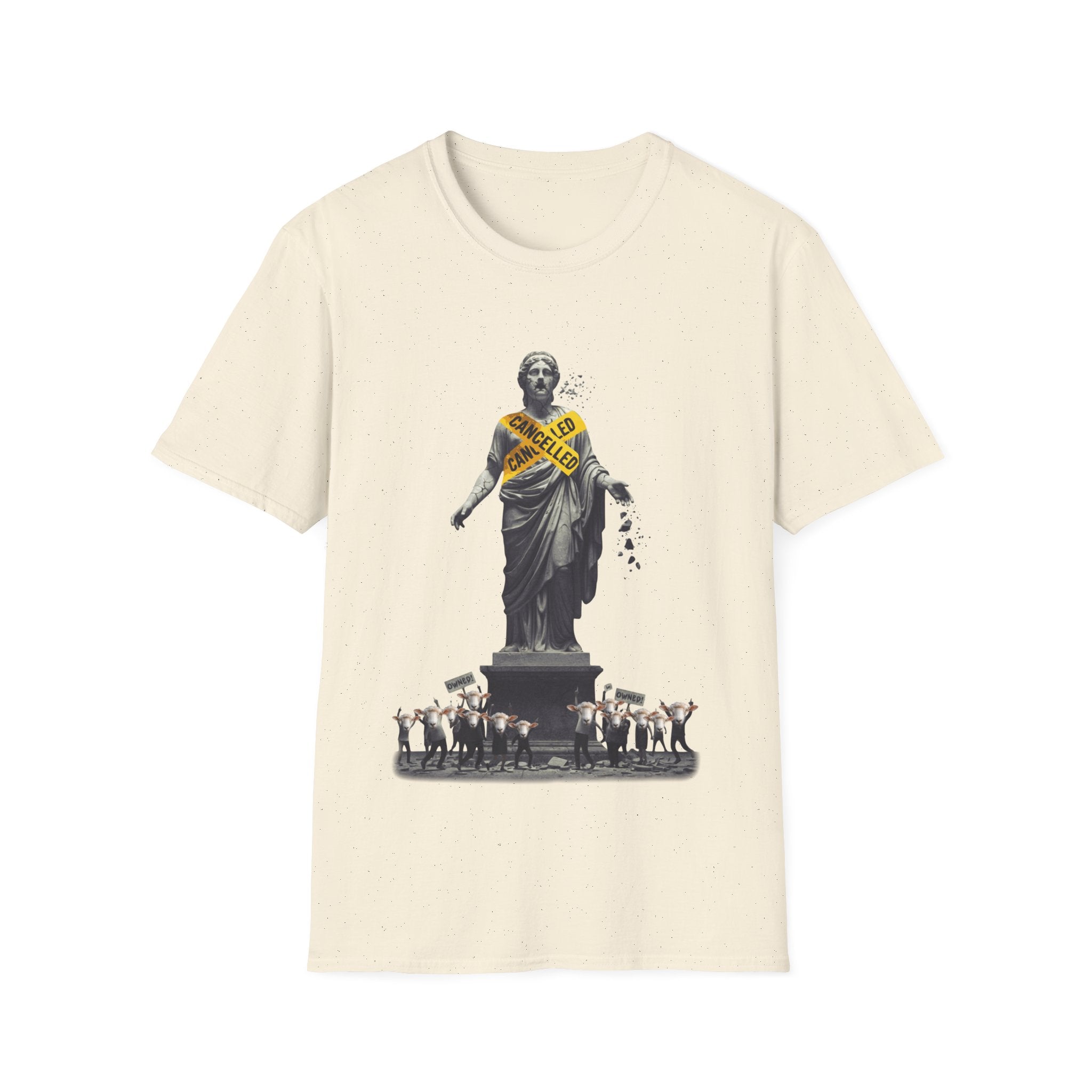 Satirical graphic T-shirt design showing a cancelled statue, sheep crowd and yellow tape artwork about cancel culture and mob mentality.