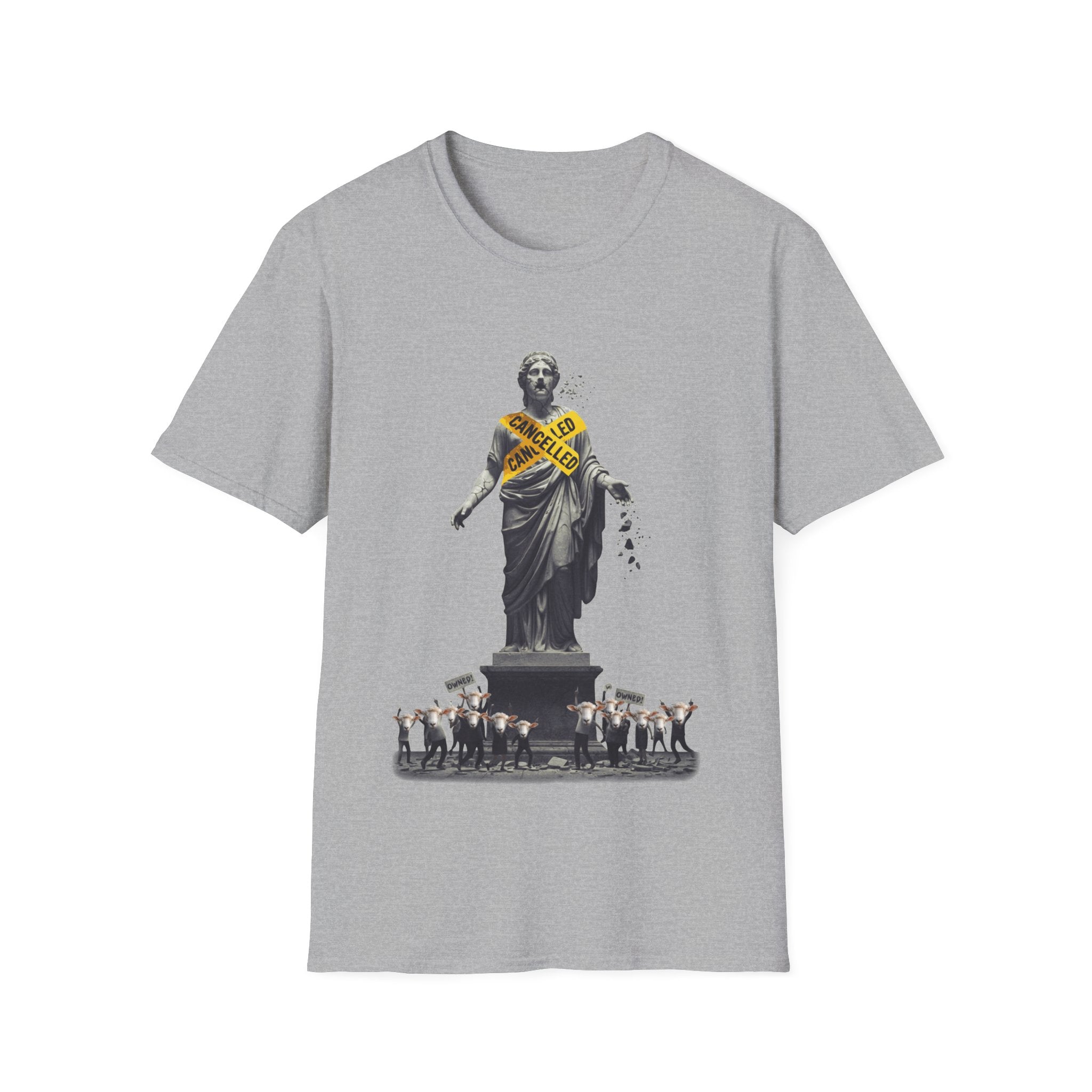 Satirical graphic T-shirt design showing a cancelled statue, sheep crowd and yellow tape artwork about cancel culture and mob mentality.