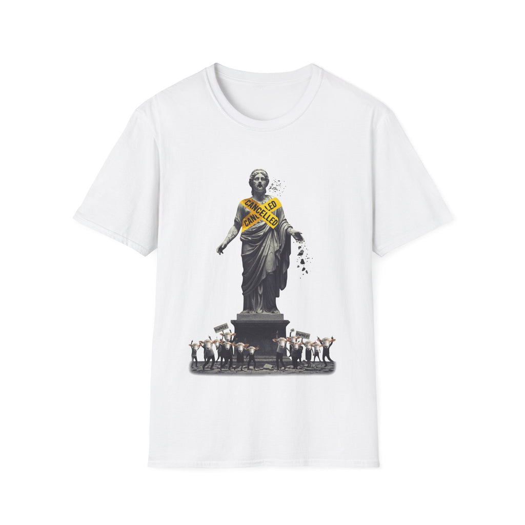 Gildan 64000 T-shirt graphic with classical statue wrapped in yellow Cancelled tape and sheep crowd holding owned signs.