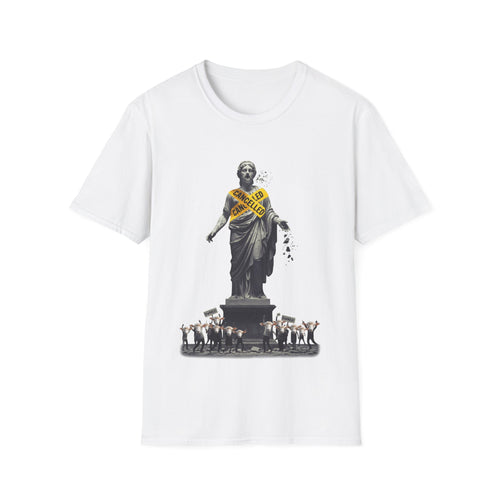 Gildan 64000 T-shirt graphic with classical statue wrapped in yellow Cancelled tape and sheep crowd holding owned signs.