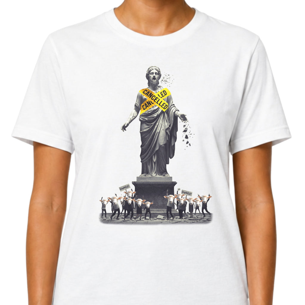 Gildan 64000 T-shirt graphic with classical statue wrapped in yellow Cancelled tape and sheep crowd holding owned signs.