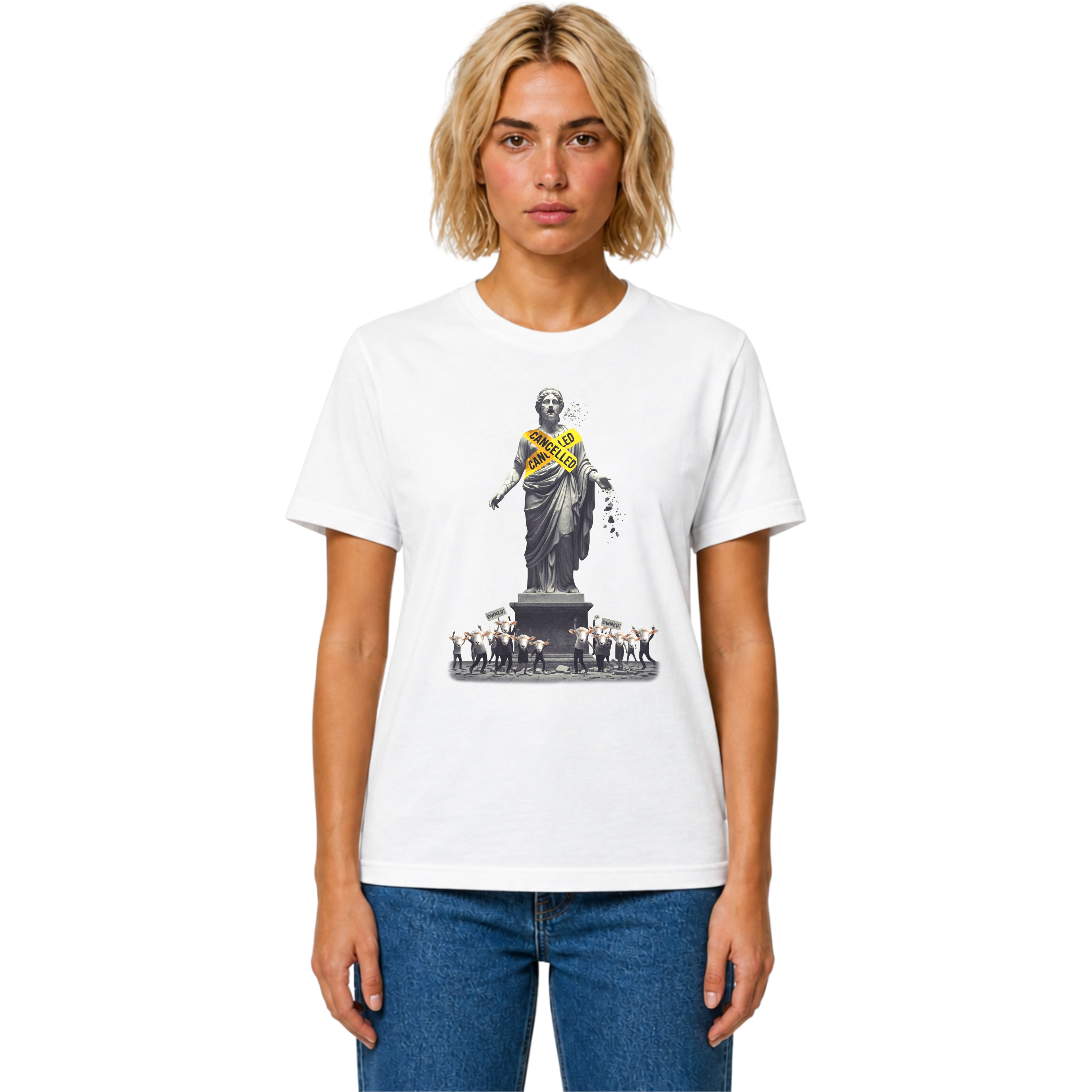 Satirical graphic T-shirt design showing a cancelled statue, sheep crowd and yellow tape artwork about cancel culture and mob mentality.