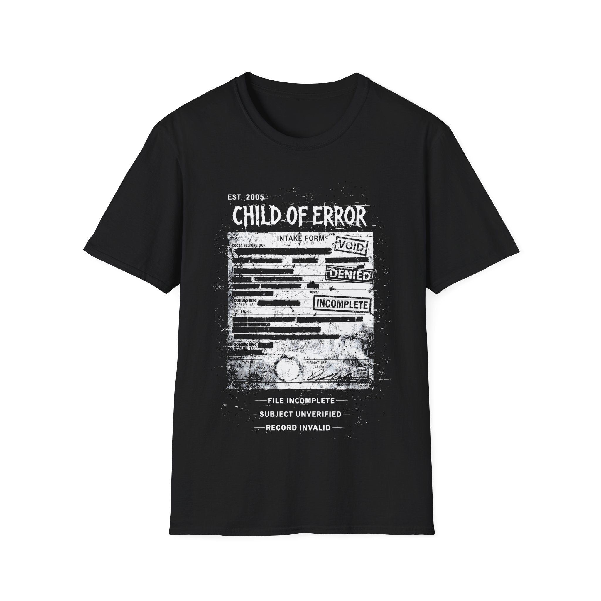Black Gildan 64000 T-shirt with Child Of Error distressed intake form graphic, void stamps, denied markings and corrupted file artwork.