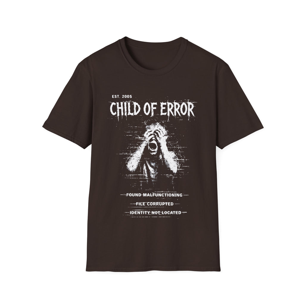 Brown graphic T-shirt featuring Child Of Error text, Found Malfunctioning wording, File Corrupted detail and Identity Not Located archive-style artwork.