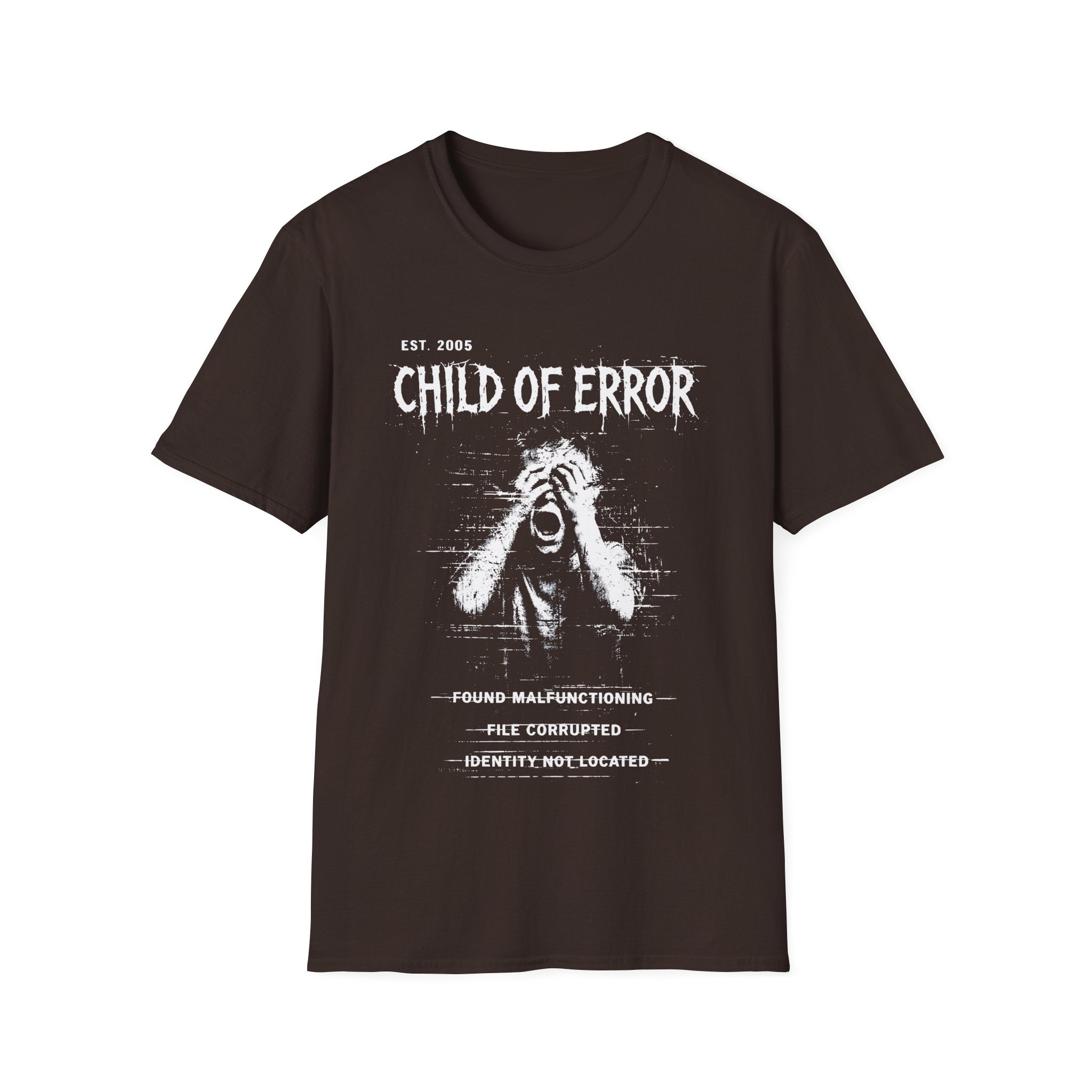 Brown graphic T-shirt featuring Child Of Error text, Found Malfunctioning wording, File Corrupted detail and Identity Not Located archive-style artwork.