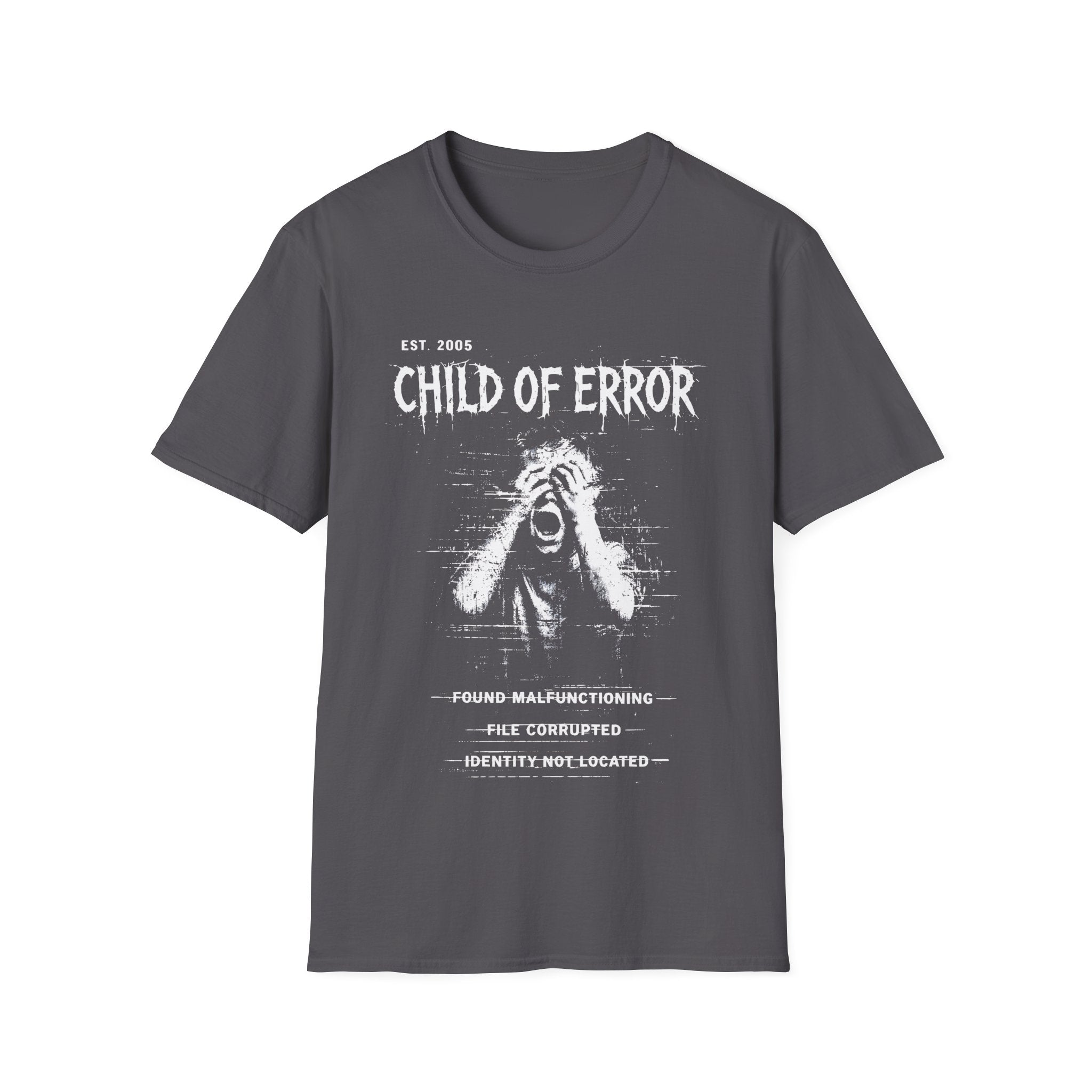 Charcoal Grey graphic T-shirt featuring Child Of Error text, Found Malfunctioning wording, File Corrupted detail and Identity Not Located archive-style artwork.