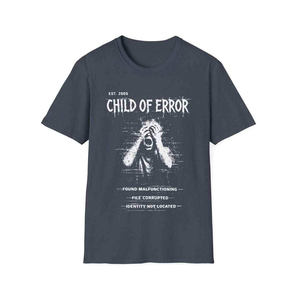 Heather Navy graphic T-shirt featuring Child Of Error text, Found Malfunctioning wording, File Corrupted detail and Identity Not Located archive-style artwork.